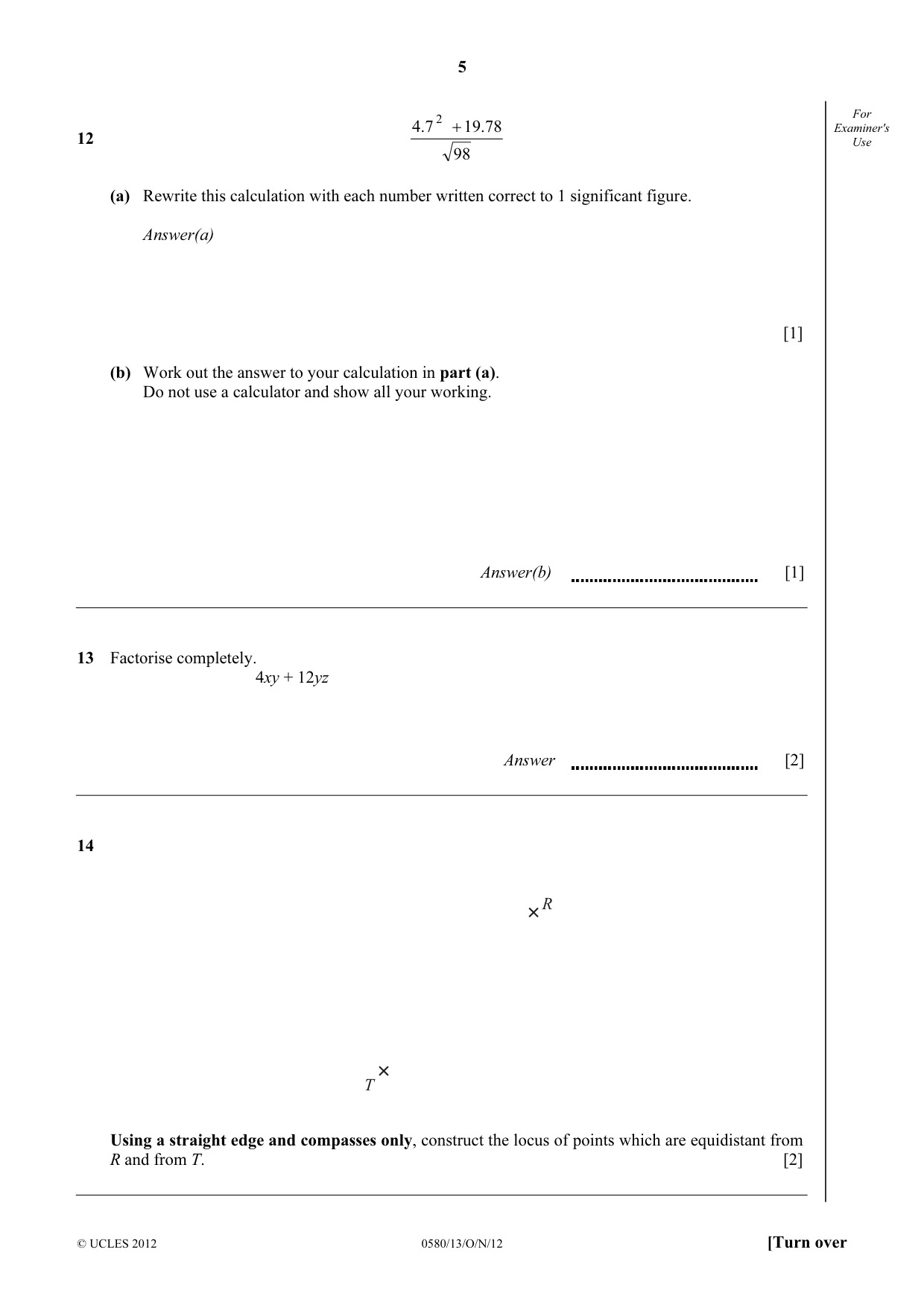 Cambridge IGCSE Mathematics 0580 2012 Oct/Nov Paper 1 · Variant 3 question paper, page 5 of 12