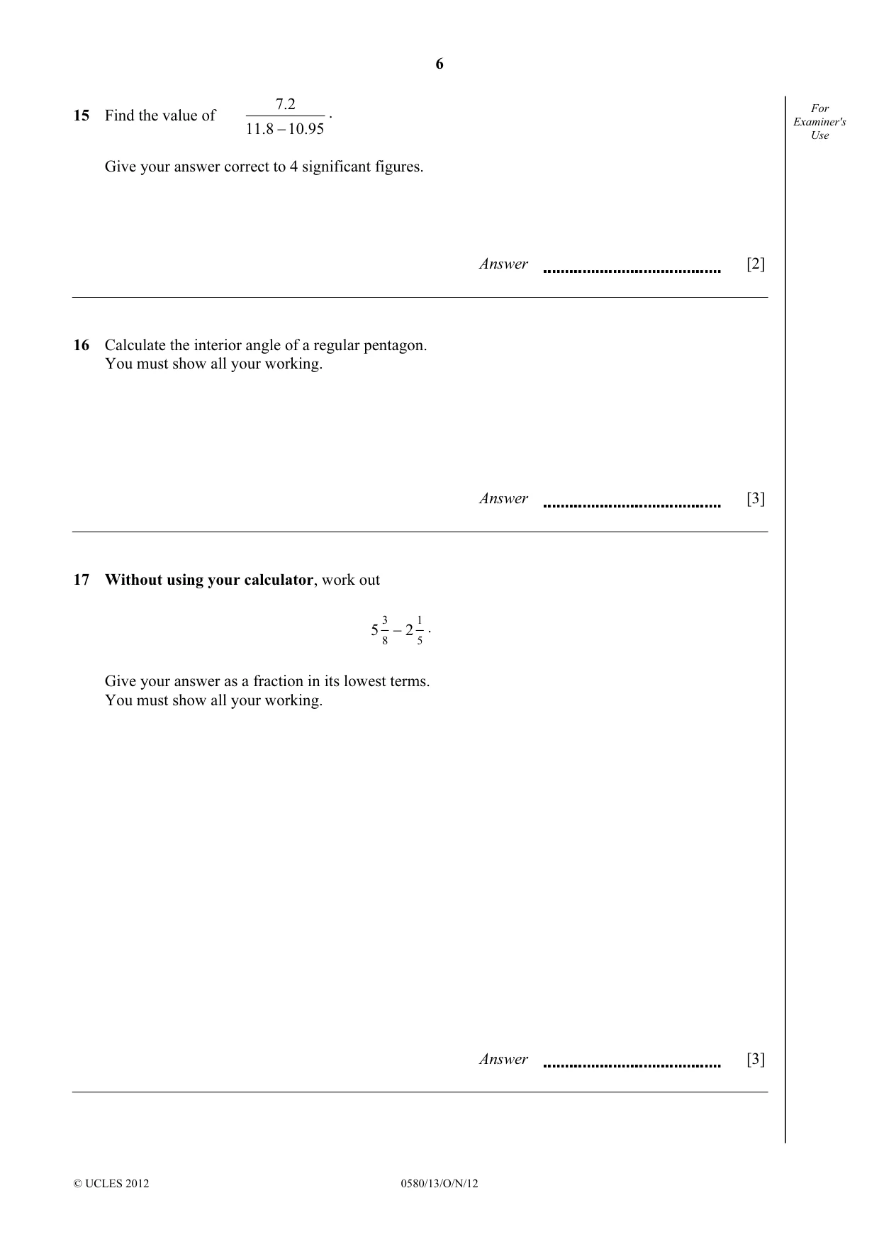 Cambridge IGCSE Mathematics 0580 2012 Oct/Nov Paper 1 · Variant 3 question paper, page 6 of 12