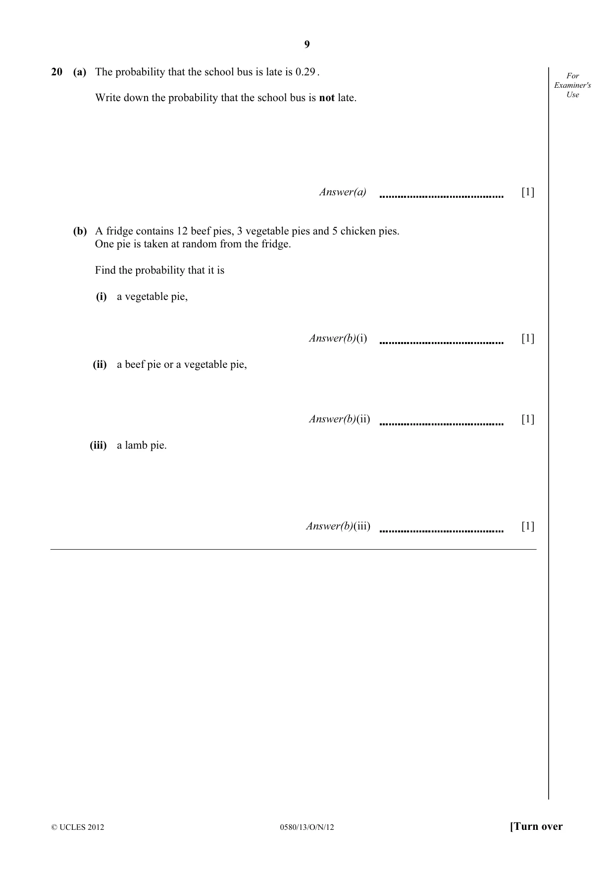 Cambridge IGCSE Mathematics 0580 2012 Oct/Nov Paper 1 · Variant 3 question paper, page 9 of 12