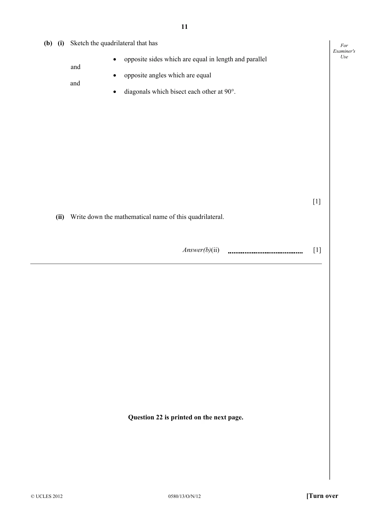 Cambridge IGCSE Mathematics 0580 2012 Oct/Nov Paper 1 · Variant 3 question paper, page 11 of 12