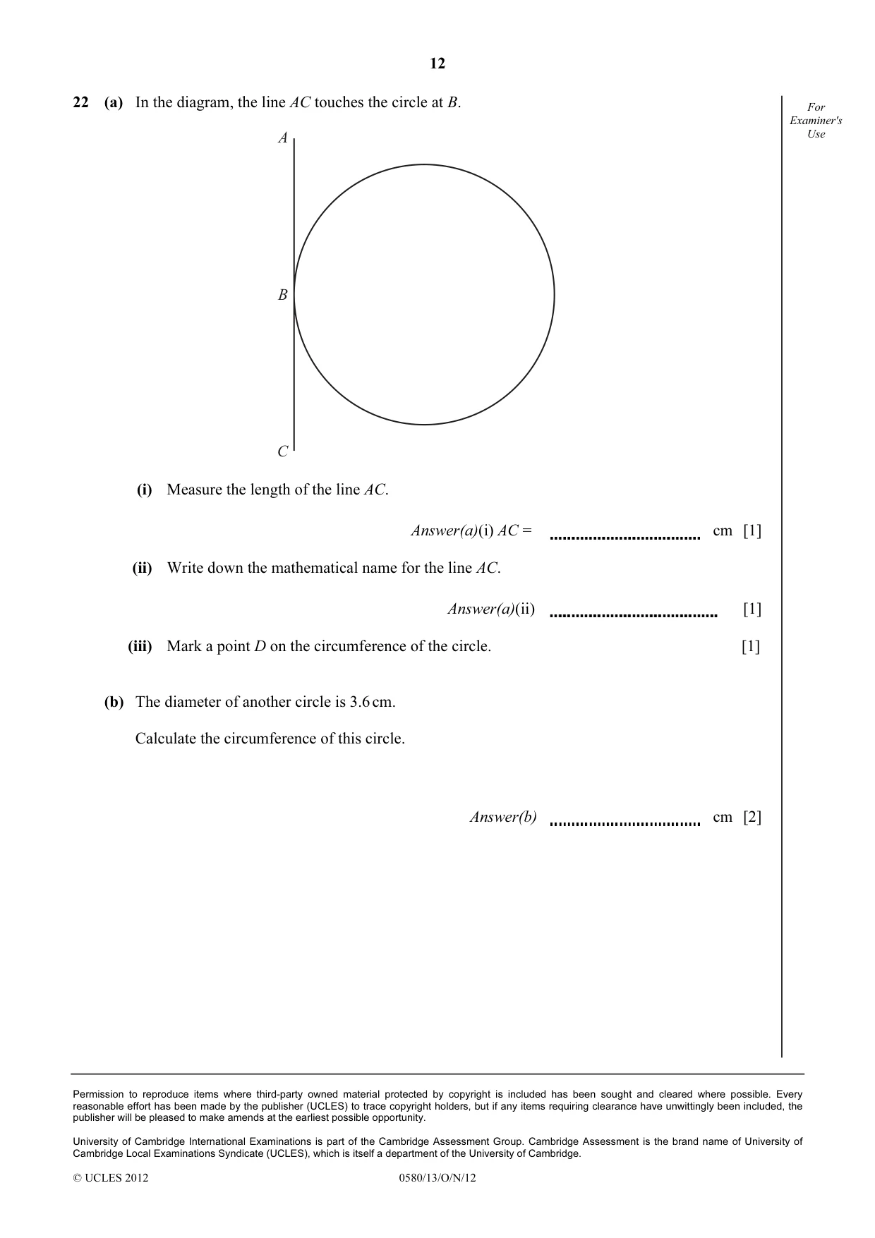 Cambridge IGCSE Mathematics 0580 2012 Oct/Nov Paper 1 · Variant 3 question paper, page 12 of 12