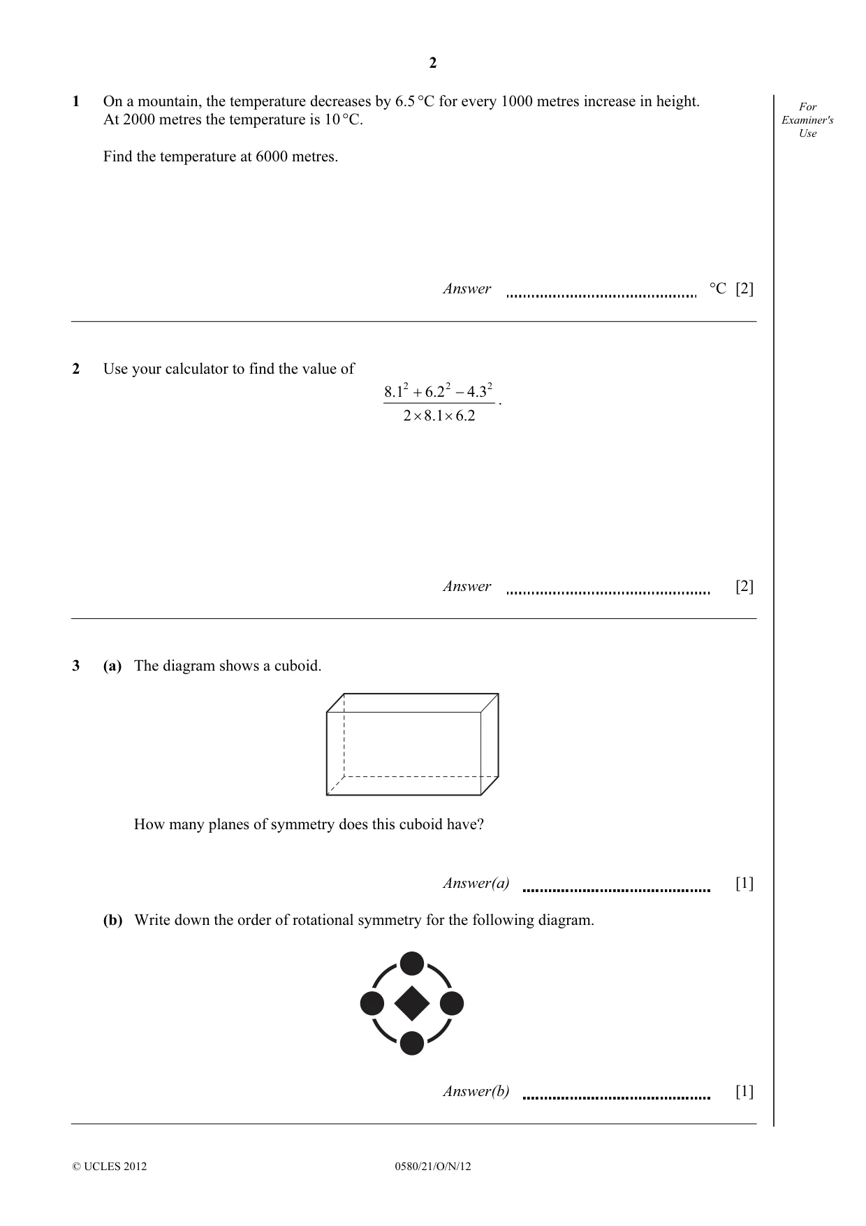 Cambridge IGCSE Mathematics 0580 2012 Oct/Nov Paper 2 · Variant 1 question paper, page 2 of 12