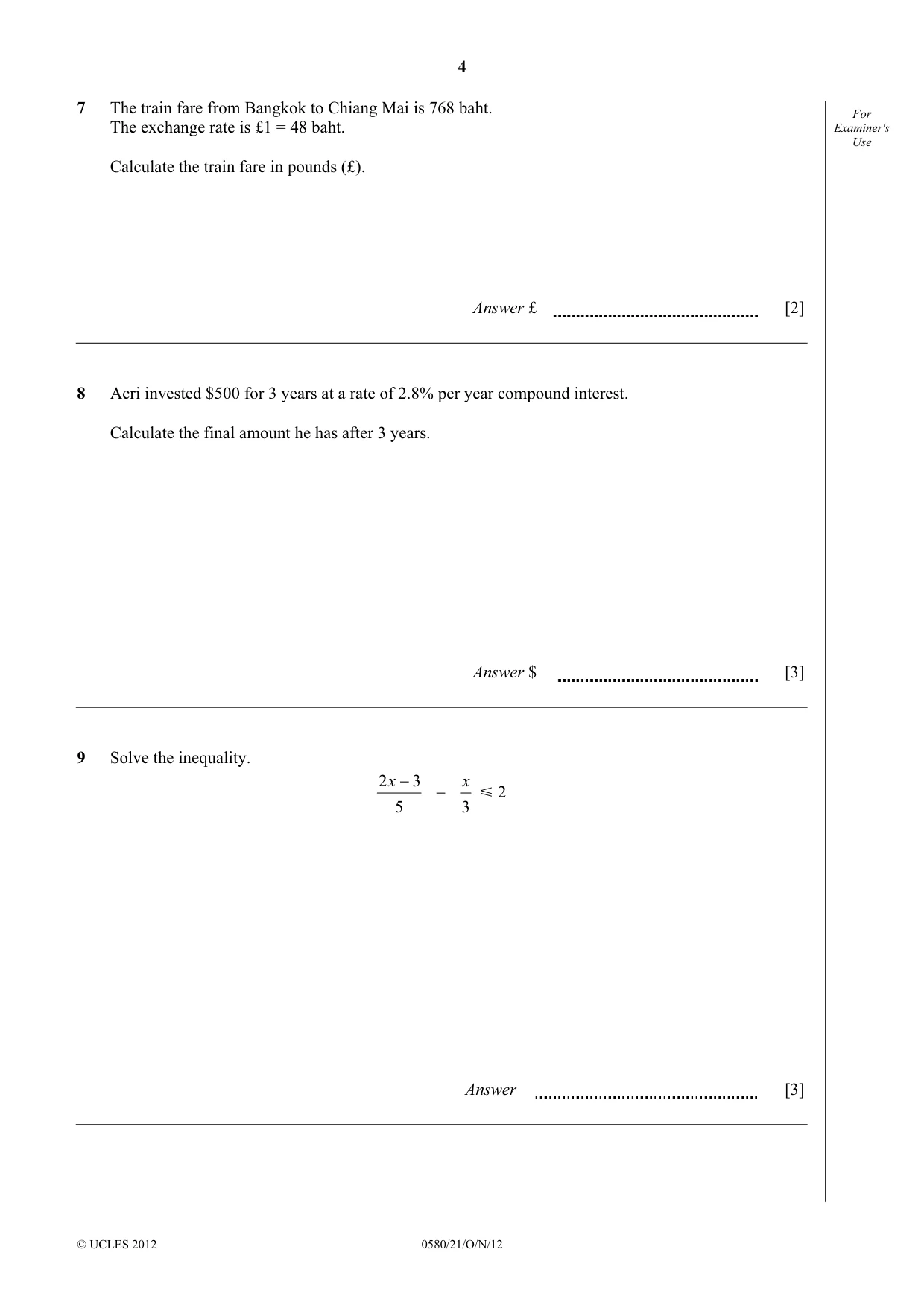 Cambridge IGCSE Mathematics 0580 2012 Oct/Nov Paper 2 · Variant 1 question paper, page 4 of 12