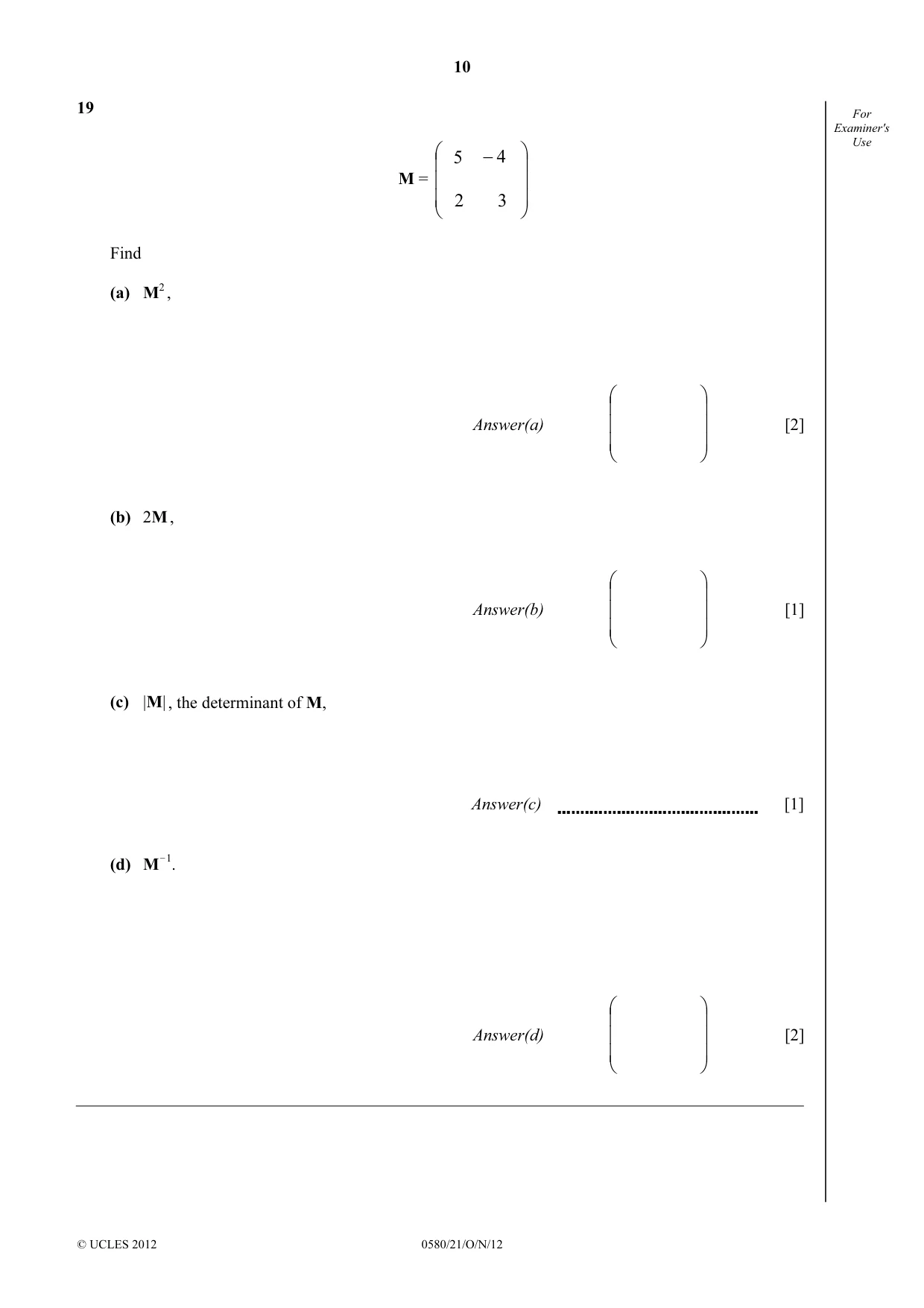 Cambridge IGCSE Mathematics 0580 2012 Oct/Nov Paper 2 · Variant 1 question paper, page 10 of 12