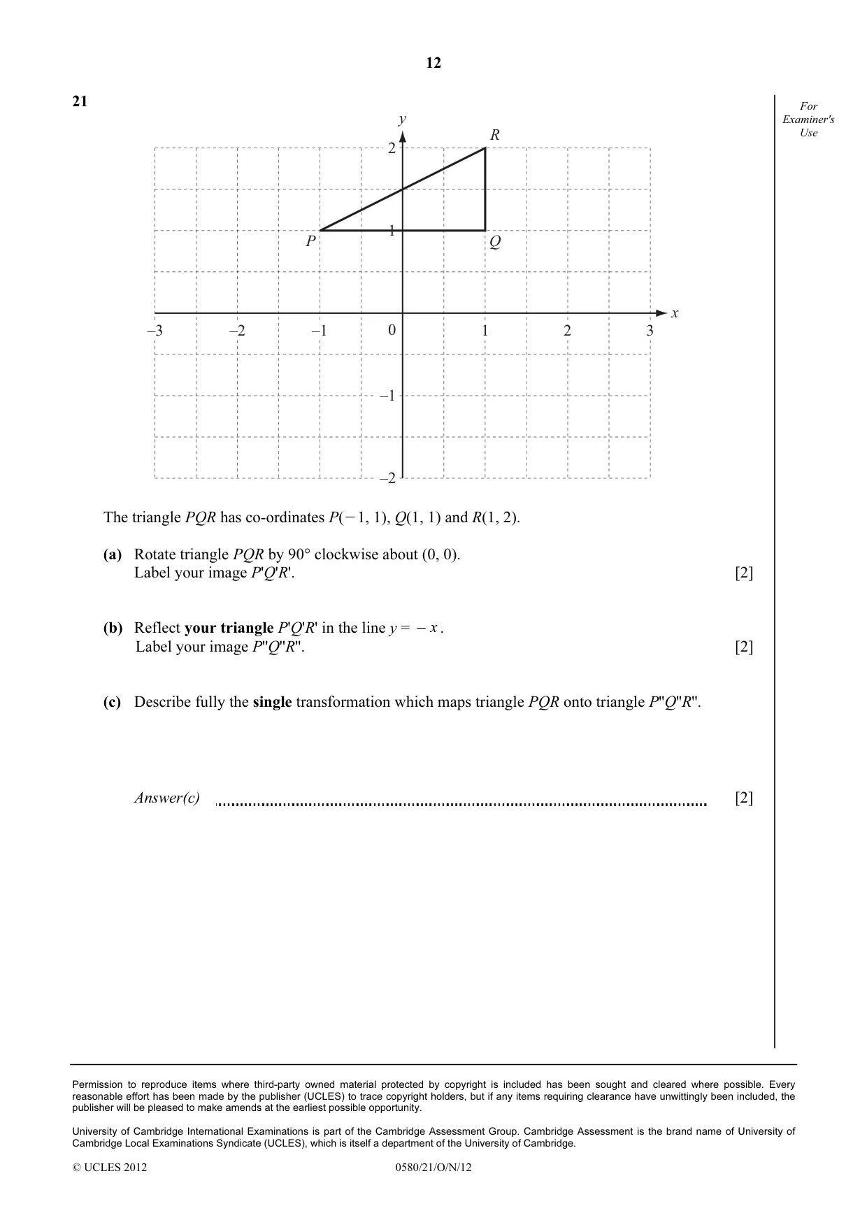 Cambridge IGCSE Mathematics 0580 2012 Oct/Nov Paper 2 · Variant 1 question paper, page 12 of 12