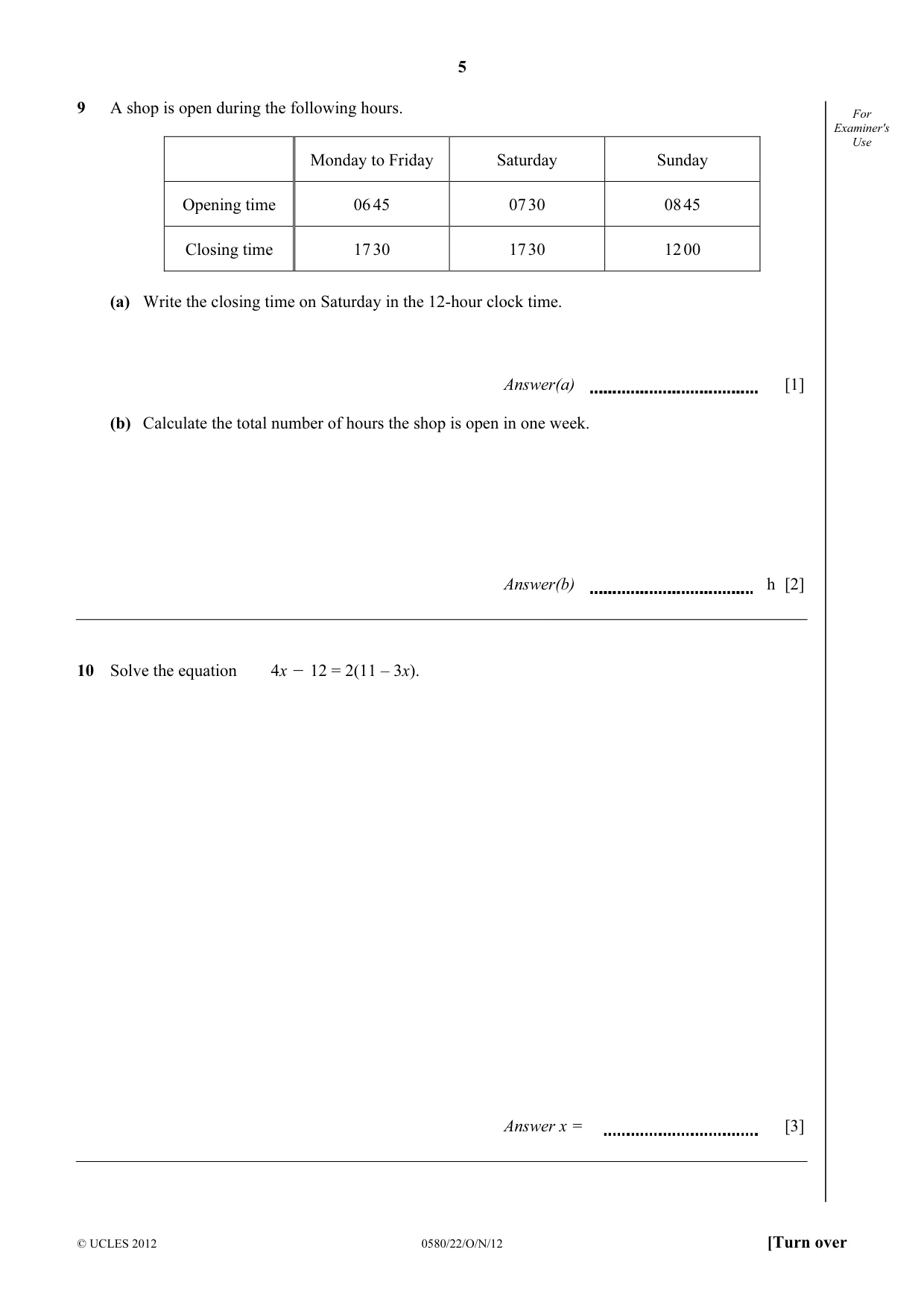 Cambridge IGCSE Mathematics 0580 2012 Oct/Nov Paper 2 · Variant 2 question paper, page 5 of 12