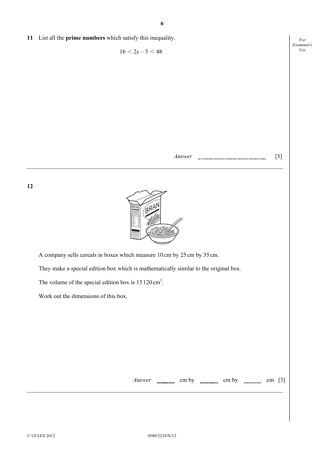 Cambridge IGCSE Mathematics 0580 2012 Oct/Nov Paper 2 · Variant 2 question paper, page 6 of 12