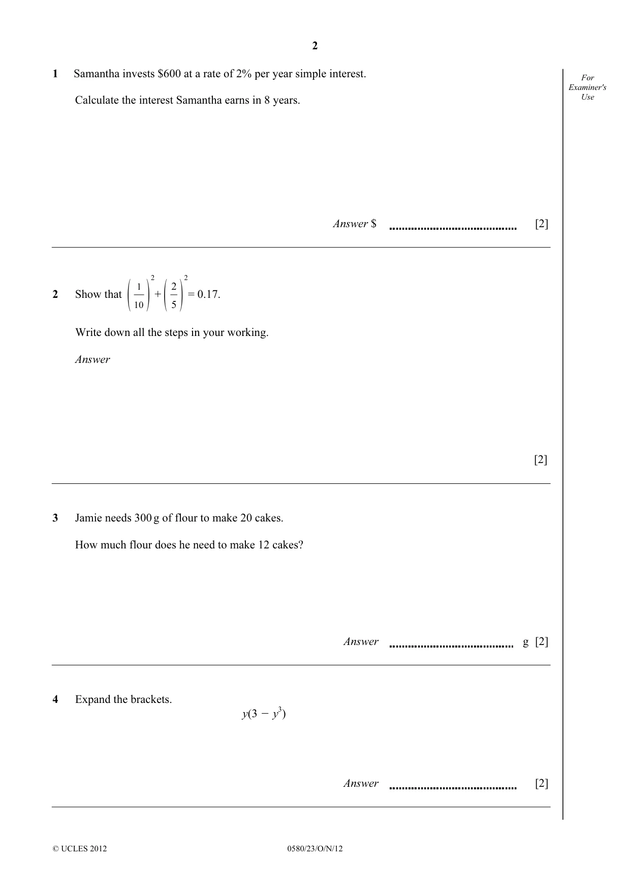 Cambridge IGCSE Mathematics 0580 2012 Oct/Nov Paper 2 · Variant 3 question paper, page 2 of 12