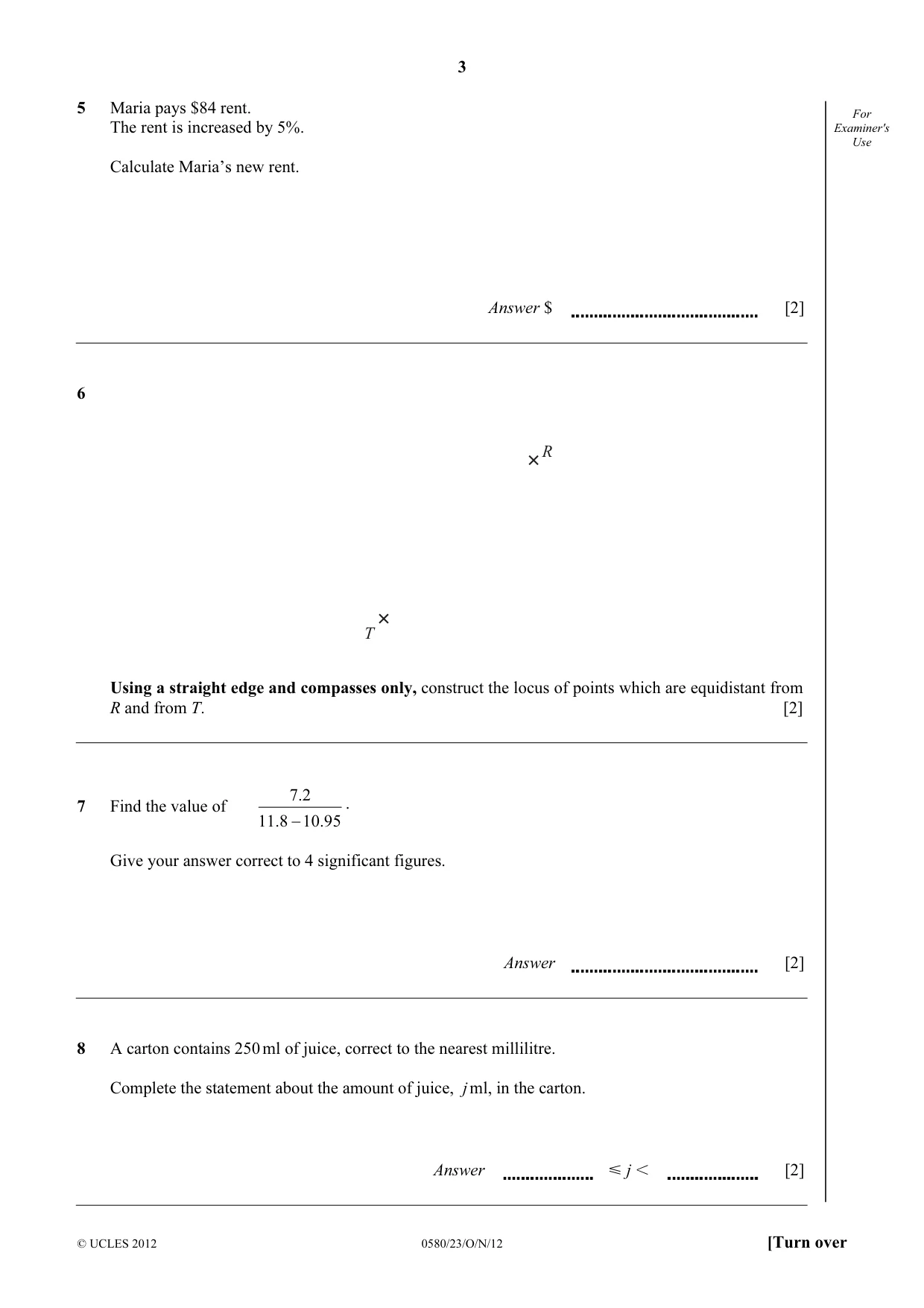 Cambridge IGCSE Mathematics 0580 2012 Oct/Nov Paper 2 · Variant 3 question paper, page 3 of 12