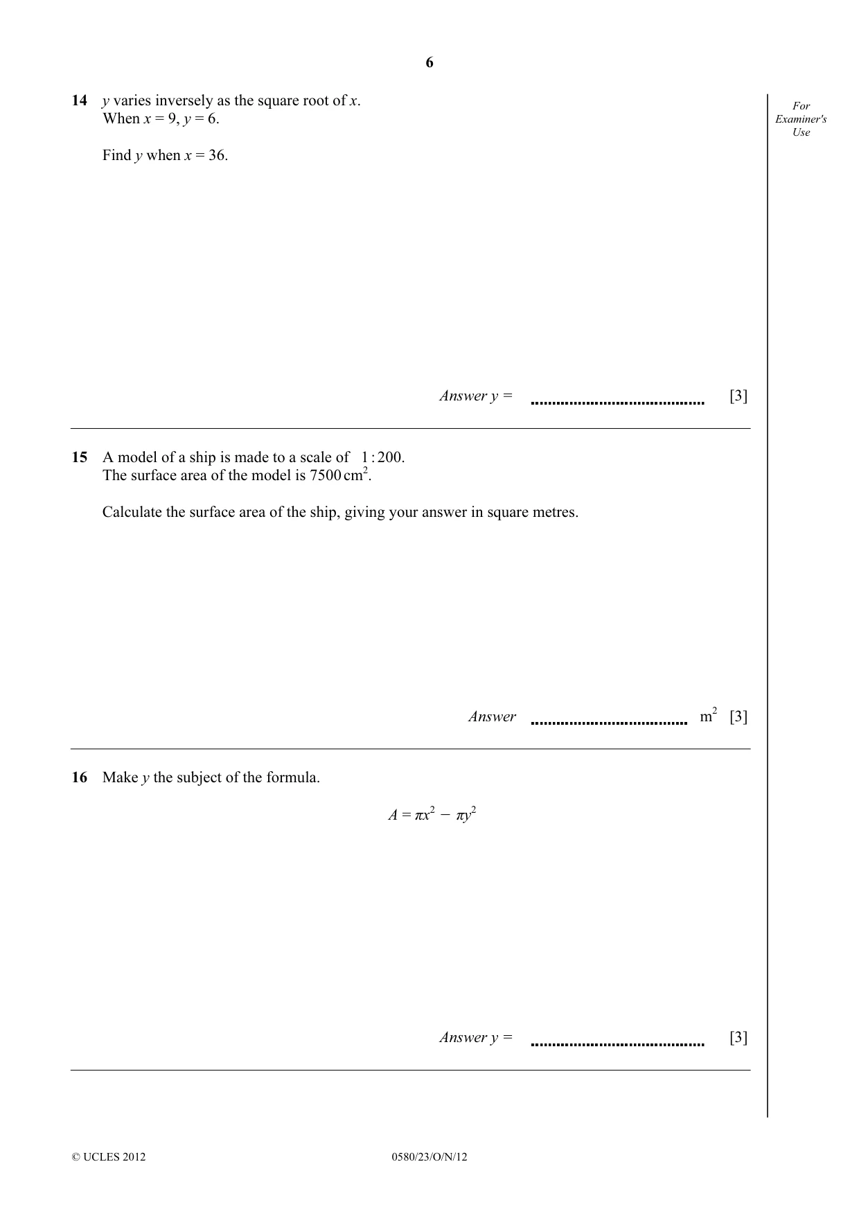 Cambridge IGCSE Mathematics 0580 2012 Oct/Nov Paper 2 · Variant 3 question paper, page 6 of 12