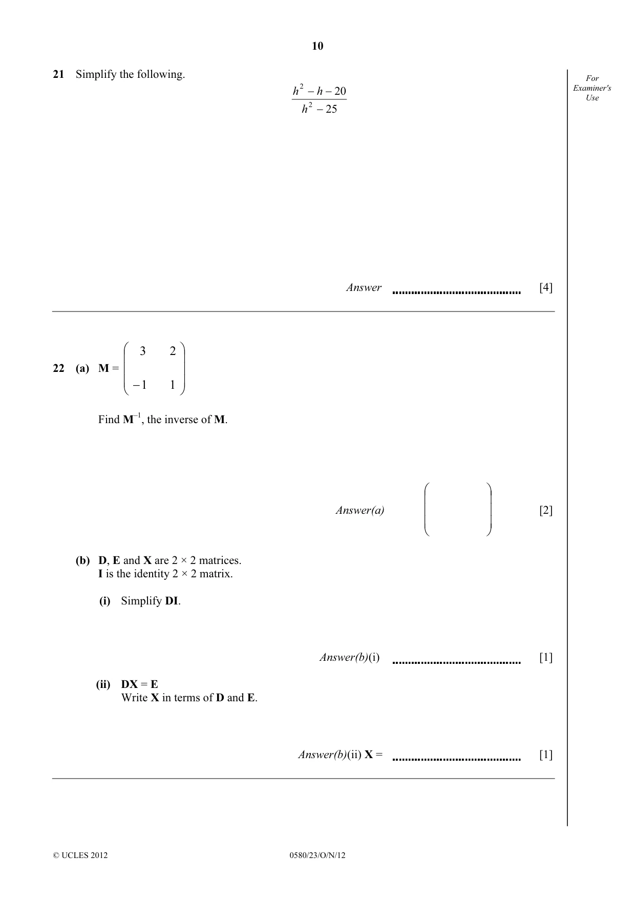 Cambridge IGCSE Mathematics 0580 2012 Oct/Nov Paper 2 · Variant 3 question paper, page 10 of 12