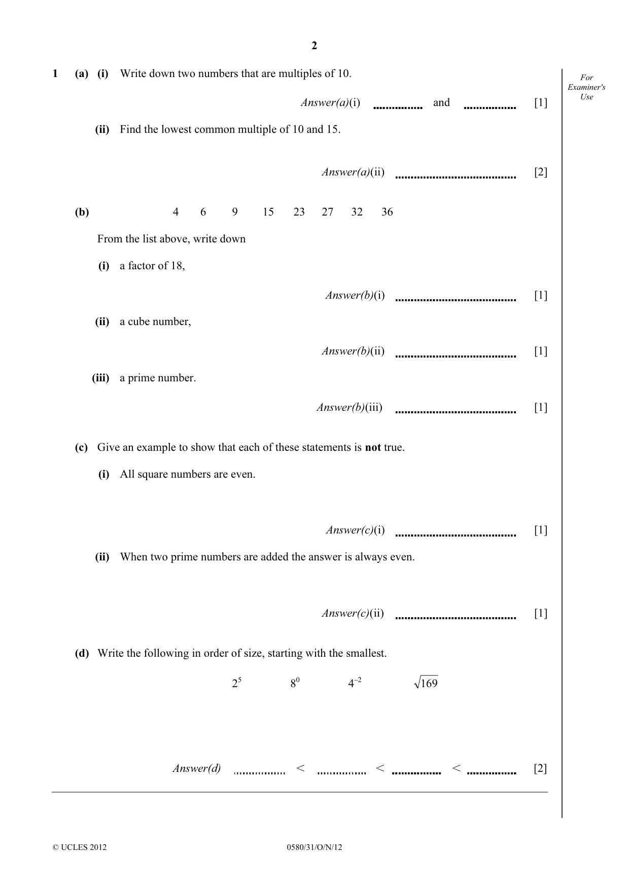 Cambridge IGCSE Mathematics 0580 2012 Oct/Nov Paper 3 · Variant 1 question paper, page 2 of 16