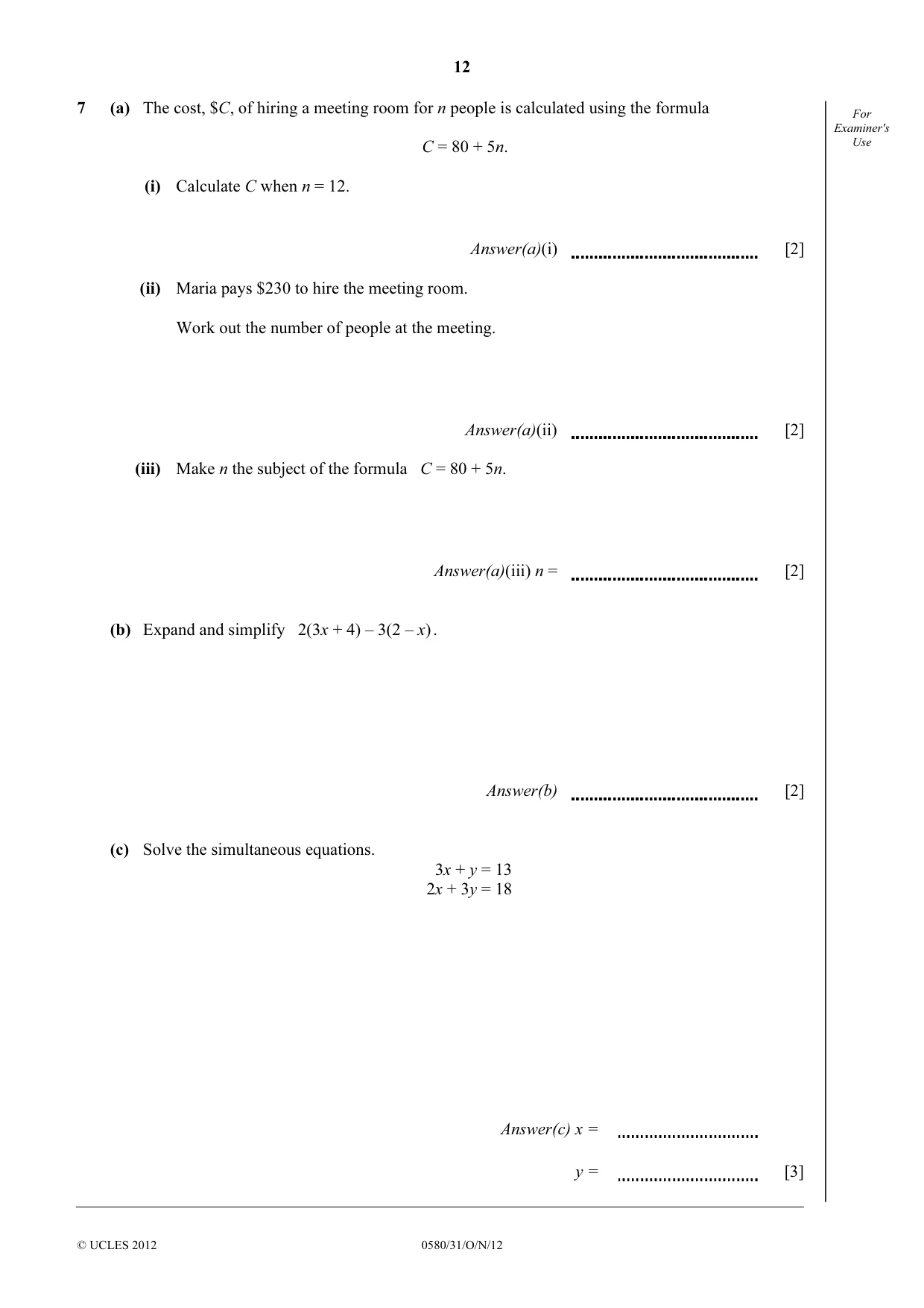 Cambridge IGCSE Mathematics 0580 2012 Oct/Nov Paper 3 · Variant 1 question paper, page 12 of 16