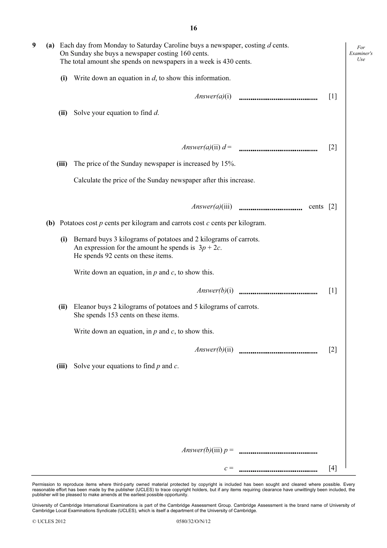 Cambridge IGCSE Mathematics 0580 2012 Oct/Nov Paper 3 · Variant 2 question paper, page 16 of 16