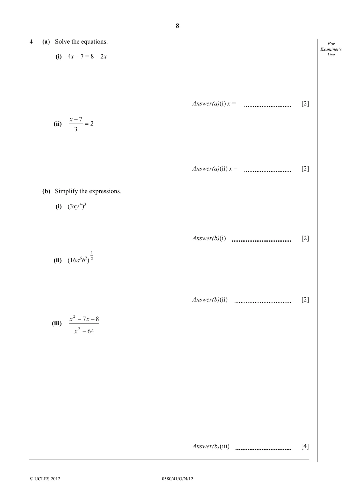 Cambridge IGCSE Mathematics 0580 2012 Oct/Nov Paper 4 · Variant 1 question paper, page 8 of 16