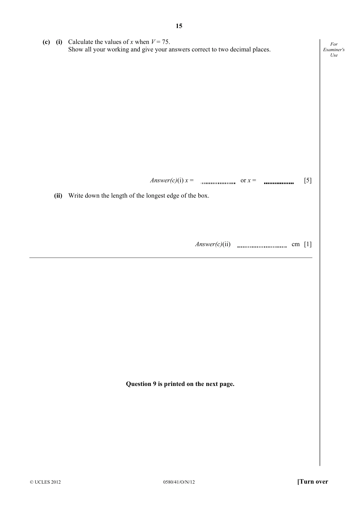 Cambridge IGCSE Mathematics 0580 2012 Oct/Nov Paper 4 · Variant 1 question paper, page 15 of 16
