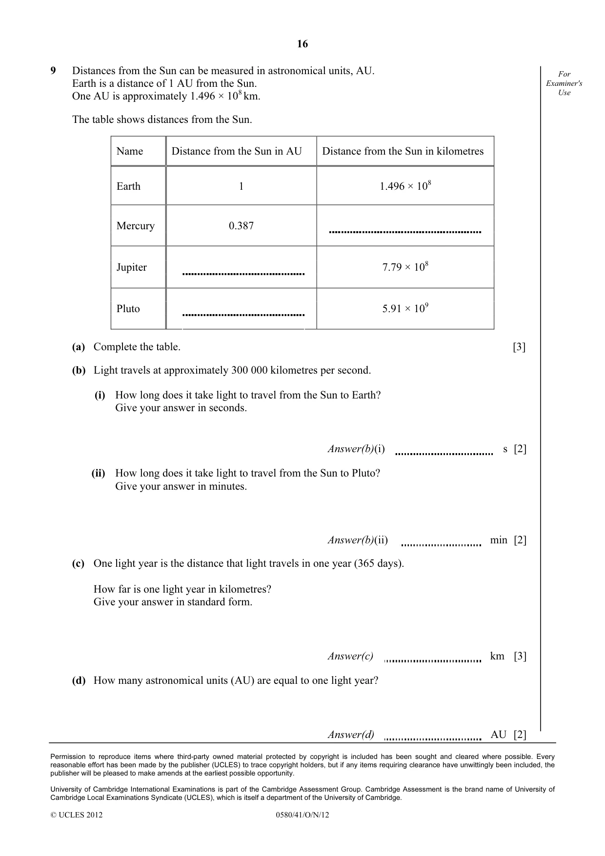 Cambridge IGCSE Mathematics 0580 2012 Oct/Nov Paper 4 · Variant 1 question paper, page 16 of 16