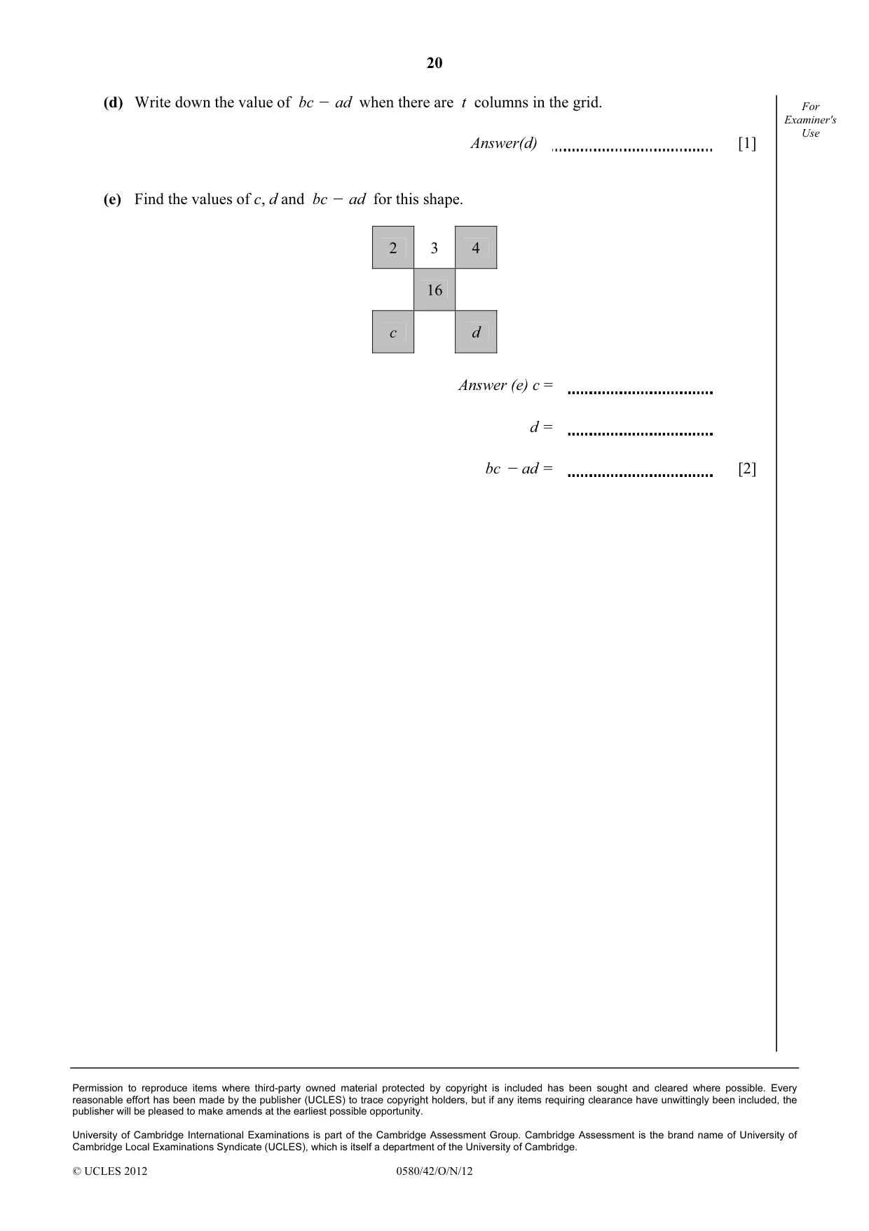 Cambridge IGCSE Mathematics 0580 2012 Oct/Nov Paper 4 · Variant 2 question paper, page 20 of 20