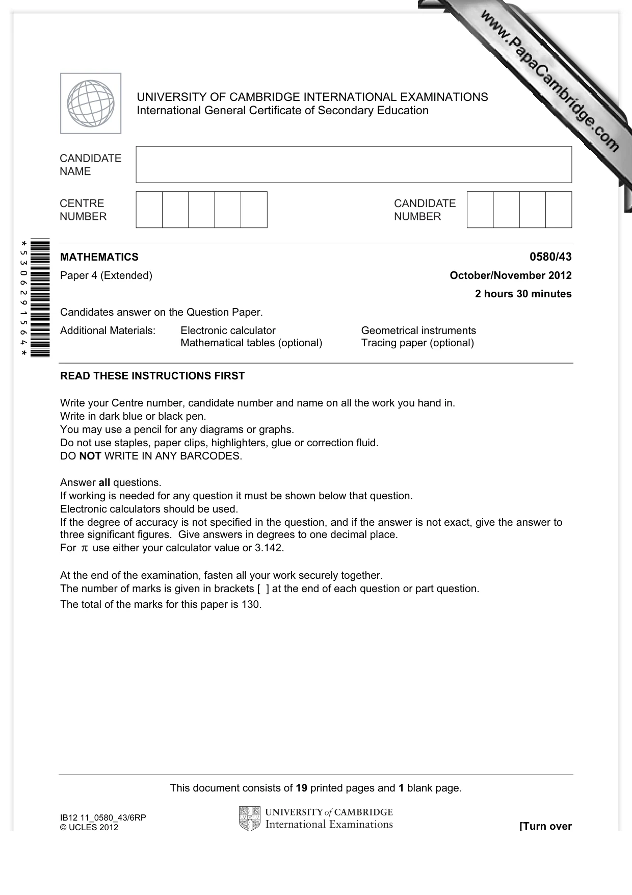 Cambridge IGCSE Mathematics 0580 2012 Oct/Nov Paper 4 · Variant 3 question paper, page 1 of 20