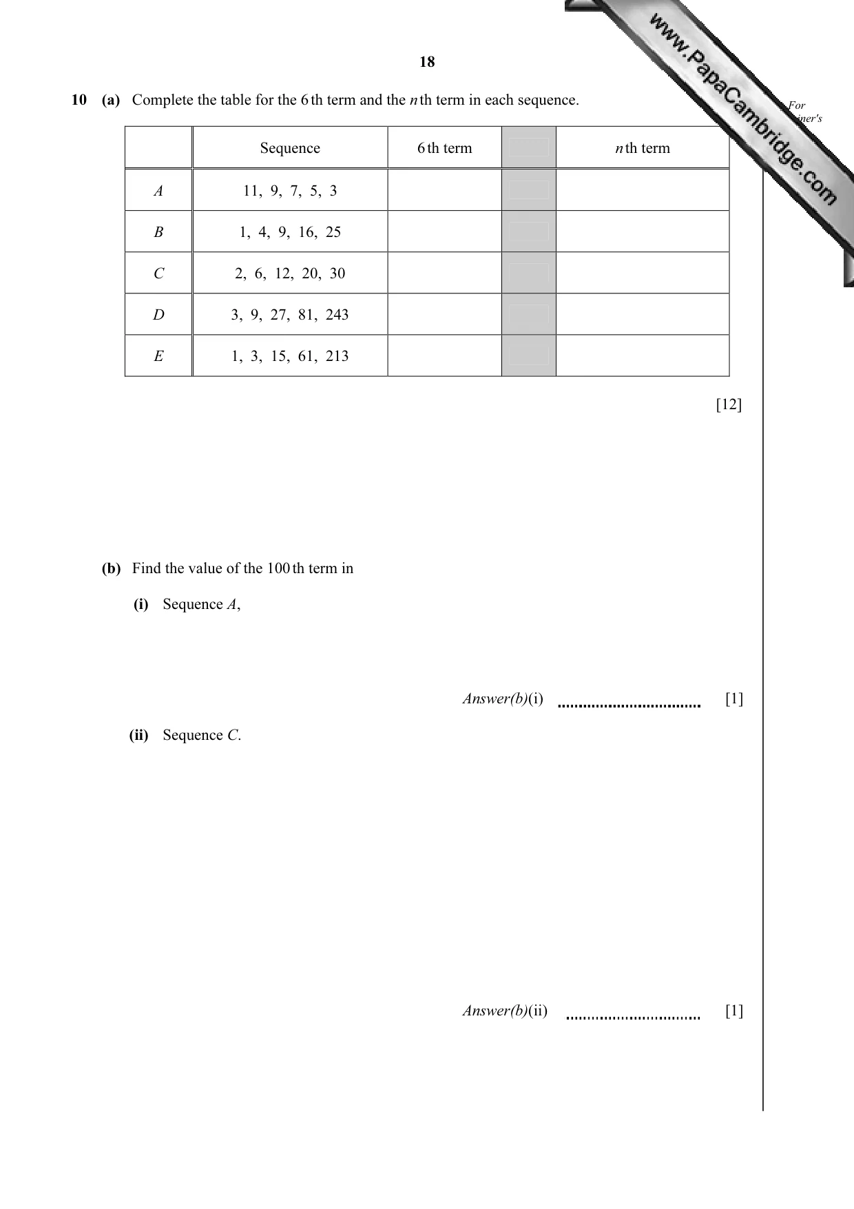 Cambridge IGCSE Mathematics 0580 2012 Oct/Nov Paper 4 · Variant 3 question paper, page 18 of 20