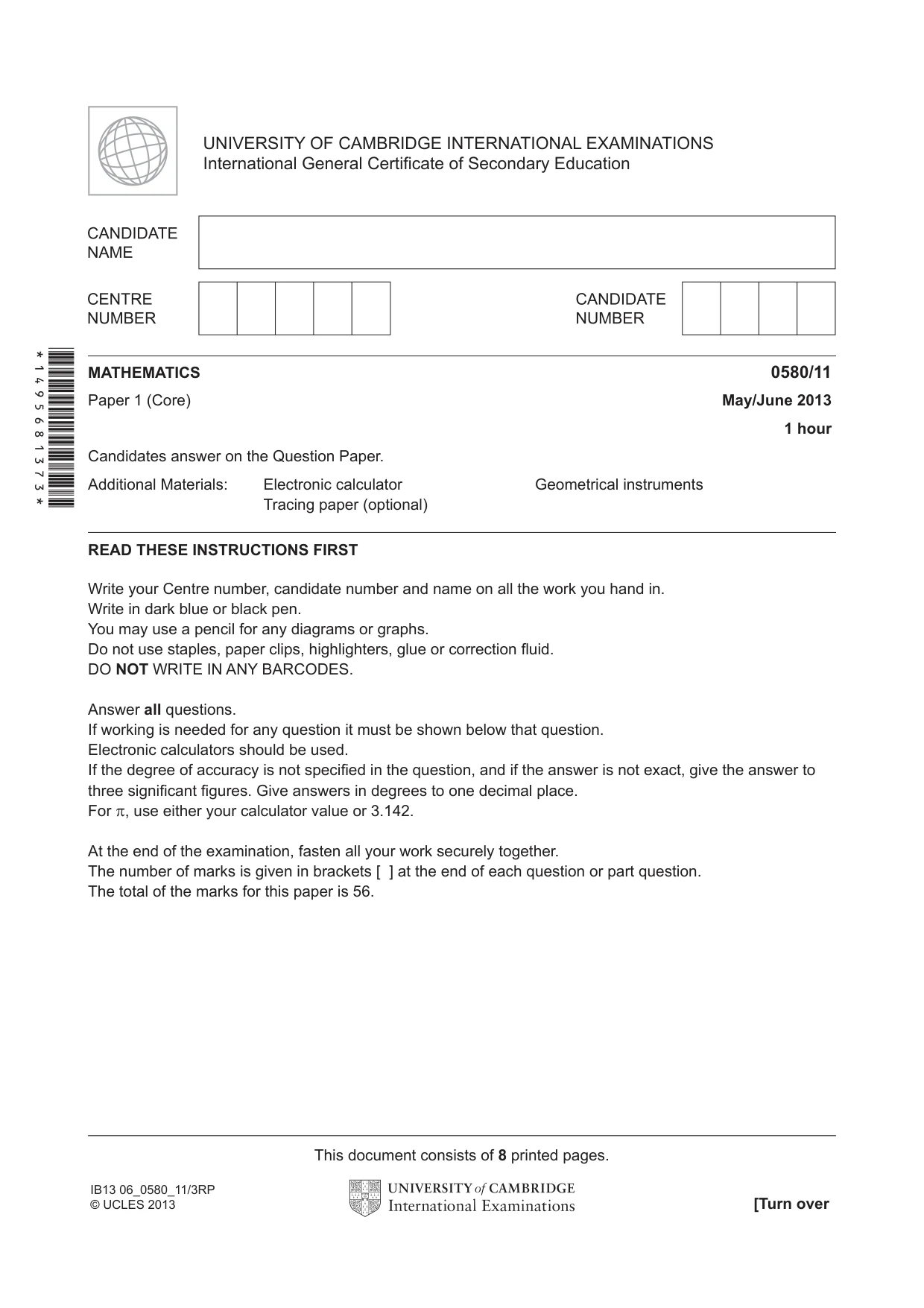 Cambridge IGCSE Mathematics 0580 2013 May/June Paper 1 · Variant 1 question paper, page 1 of 8