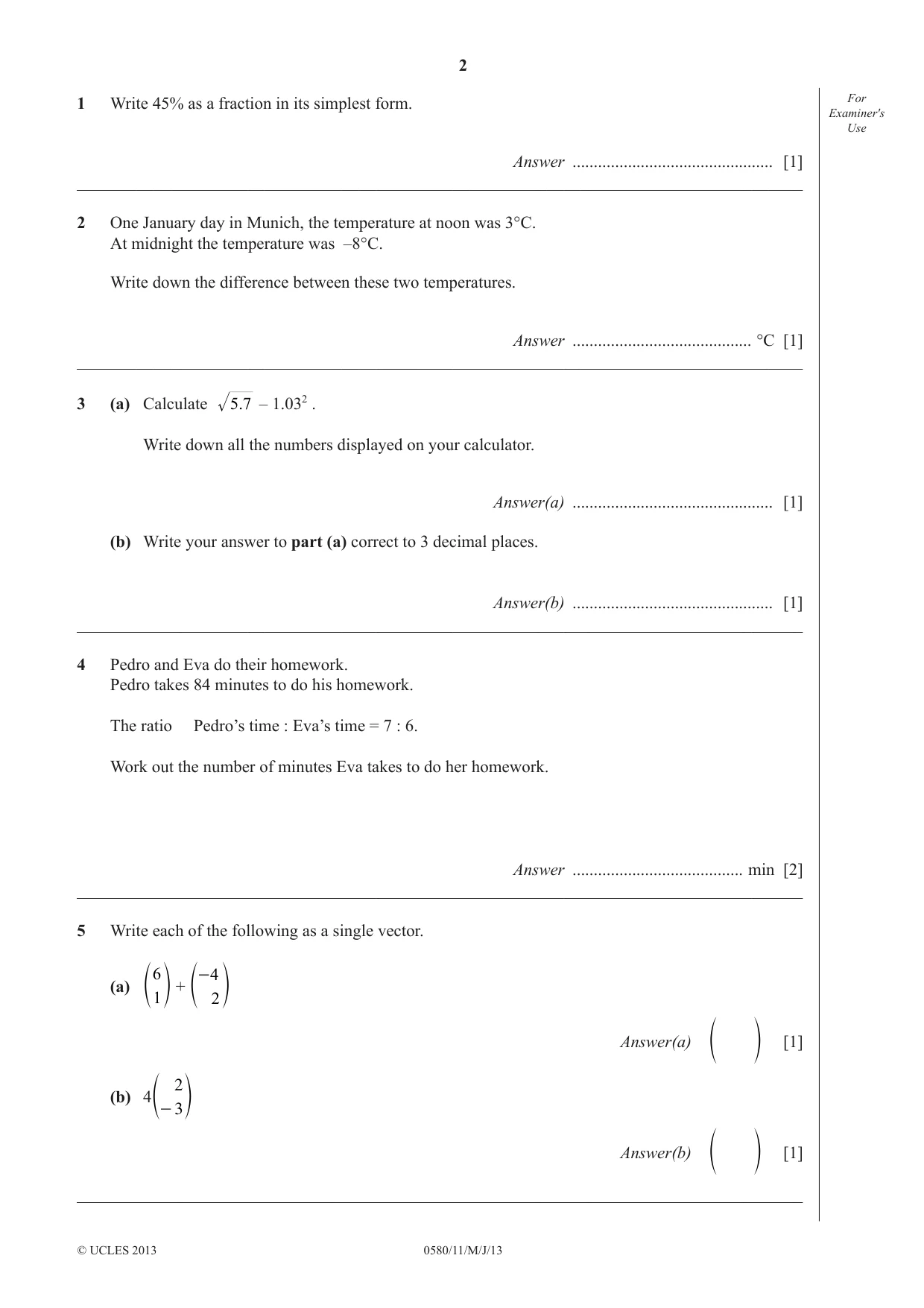 Cambridge IGCSE Mathematics 0580 2013 May/June Paper 1 · Variant 1 question paper, page 2 of 8