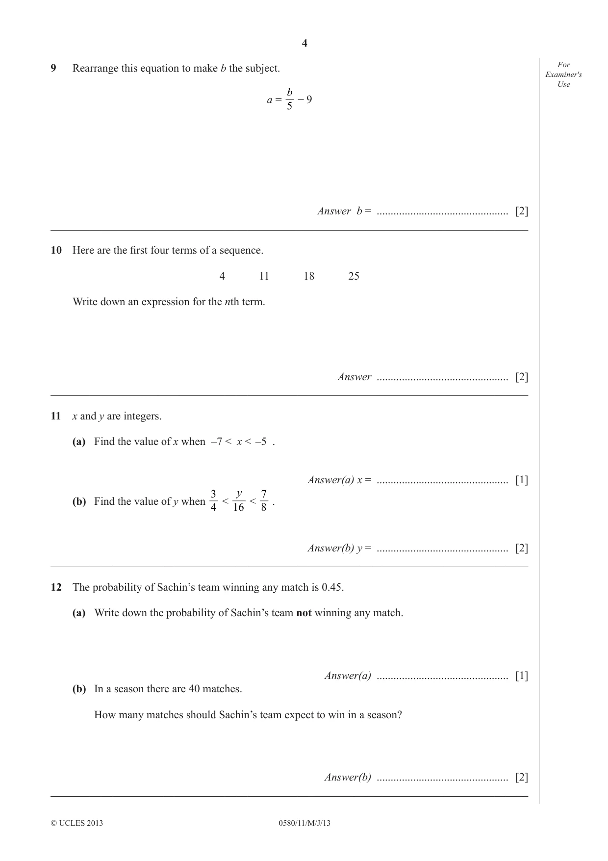 Cambridge IGCSE Mathematics 0580 2013 May/June Paper 1 · Variant 1 question paper, page 4 of 8