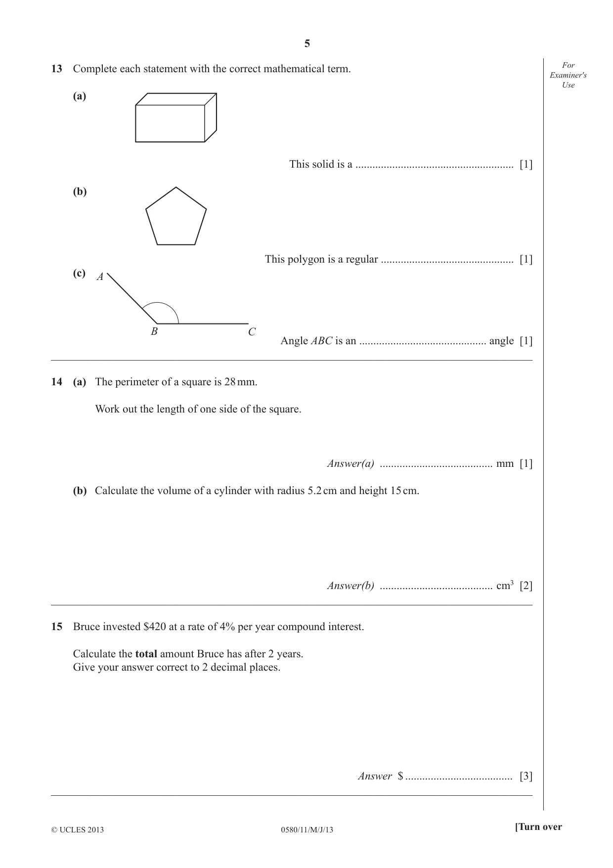 Cambridge IGCSE Mathematics 0580 2013 May/June Paper 1 · Variant 1 question paper, page 5 of 8