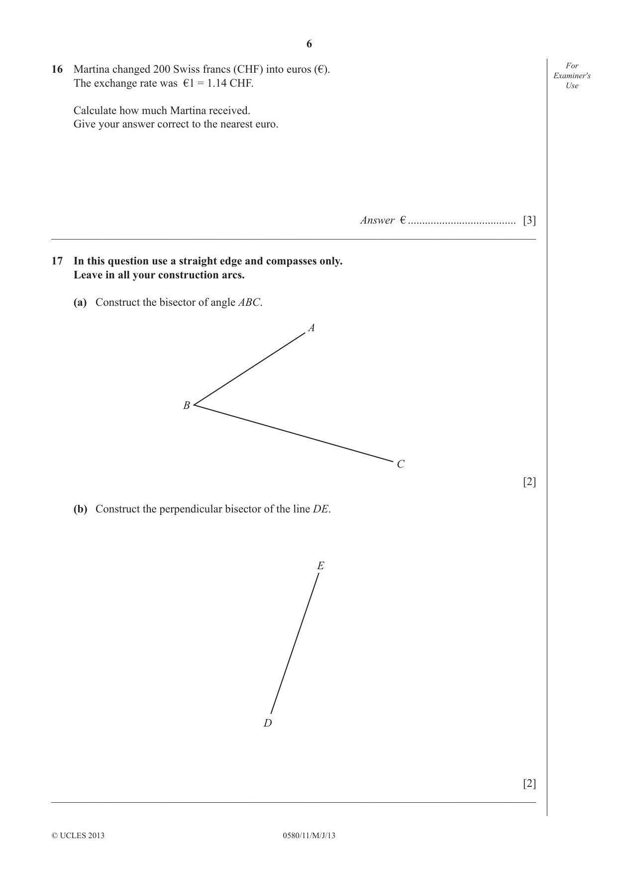 Cambridge IGCSE Mathematics 0580 2013 May/June Paper 1 · Variant 1 question paper, page 6 of 8