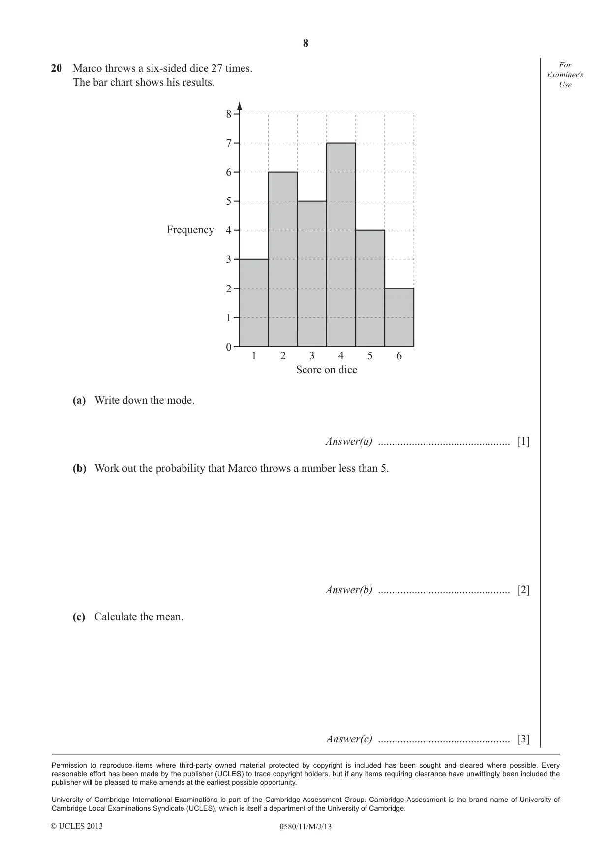Cambridge IGCSE Mathematics 0580 2013 May/June Paper 1 · Variant 1 question paper, page 8 of 8