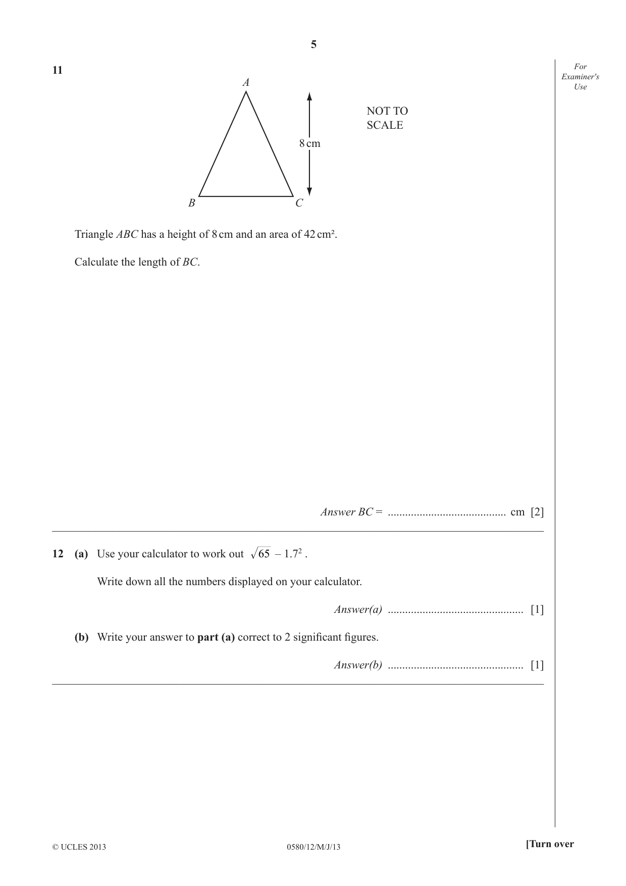 Cambridge IGCSE Mathematics 0580 2013 May/June Paper 1 · Variant 2 question paper, page 5 of 12
