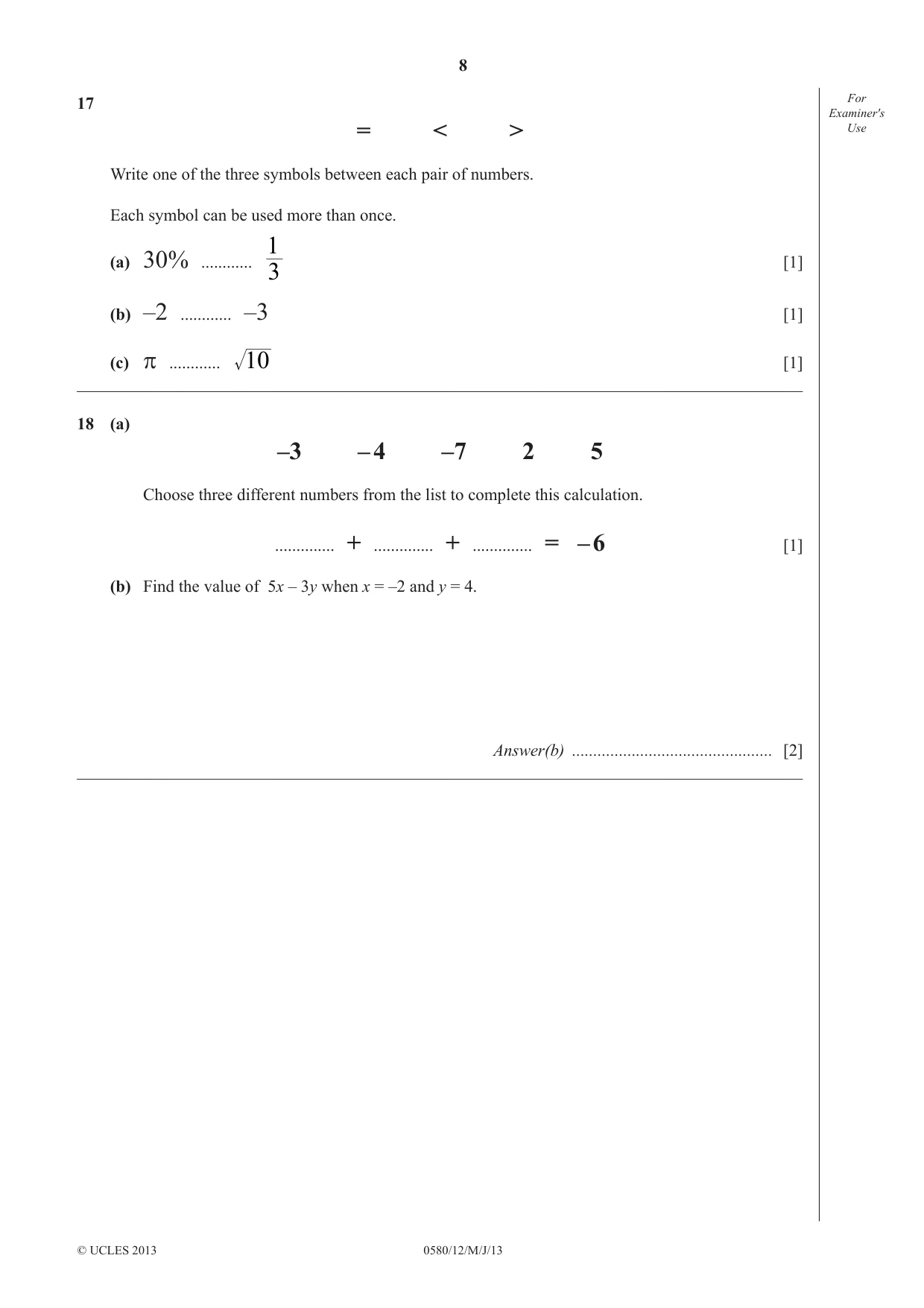 Cambridge IGCSE Mathematics 0580 2013 May/June Paper 1 · Variant 2 question paper, page 8 of 12