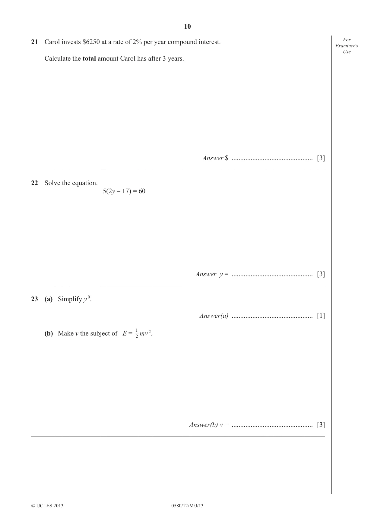 Cambridge IGCSE Mathematics 0580 2013 May/June Paper 1 · Variant 2 question paper, page 10 of 12