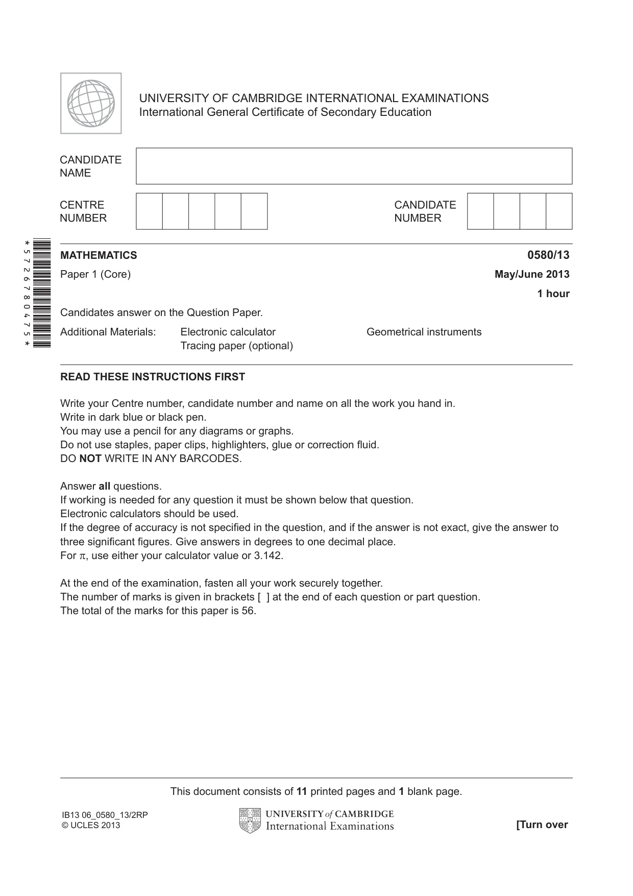 Cambridge IGCSE Mathematics 0580 2013 May/June Paper 1 · Variant 3 question paper, page 1 of 12