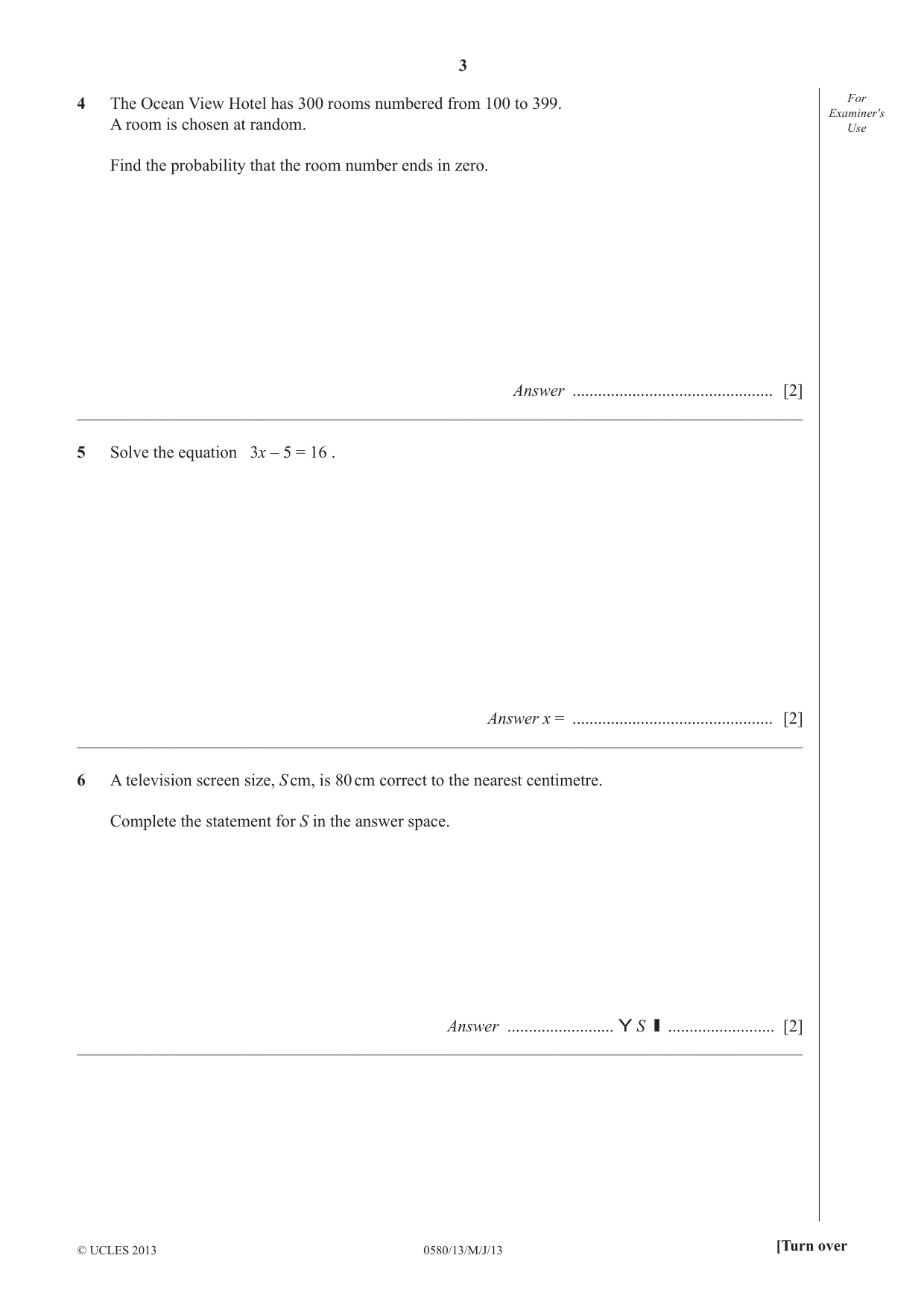 Cambridge IGCSE Mathematics 0580 2013 May/June Paper 1 · Variant 3 question paper, page 3 of 12