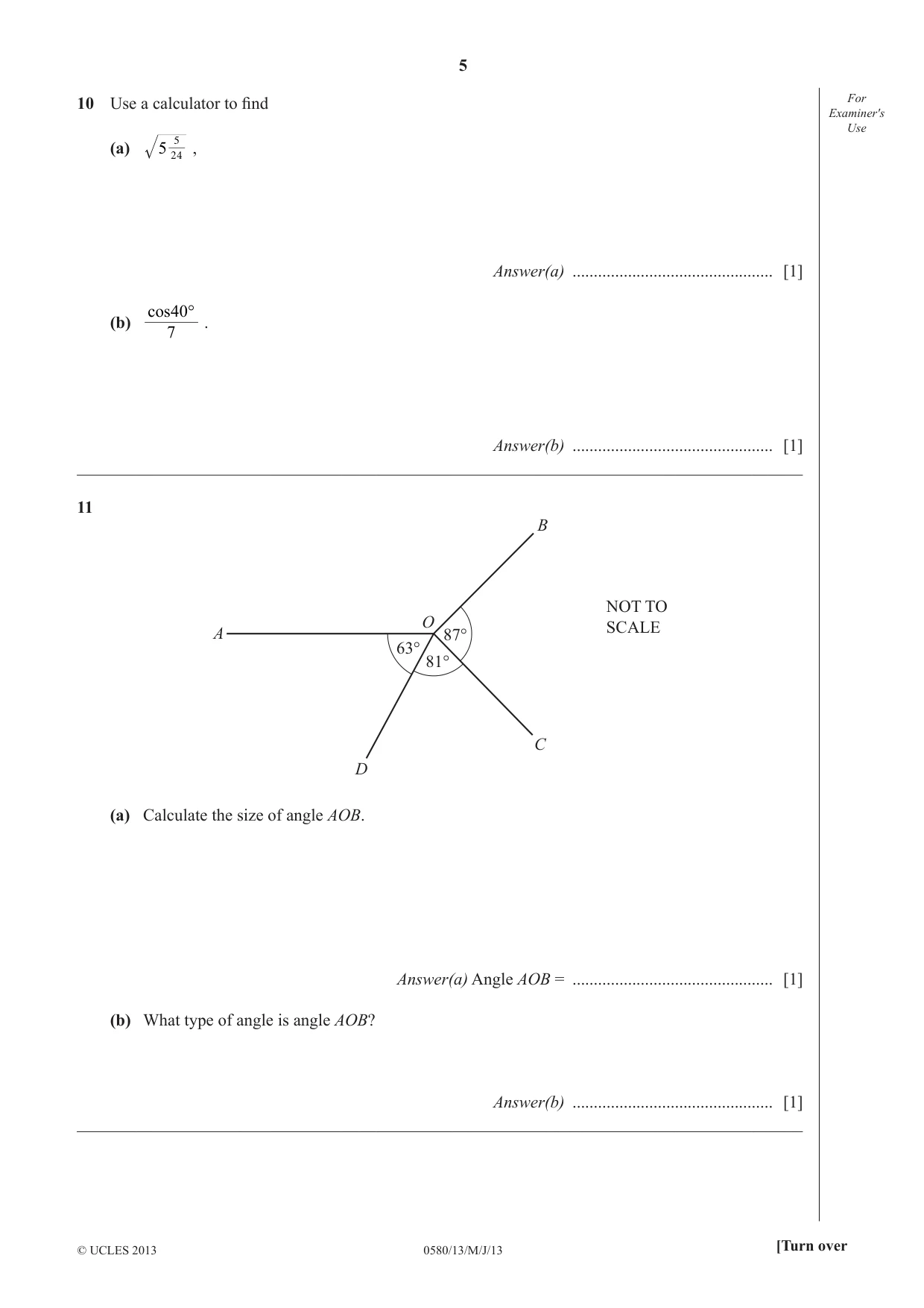 Cambridge IGCSE Mathematics 0580 2013 May/June Paper 1 · Variant 3 question paper, page 5 of 12