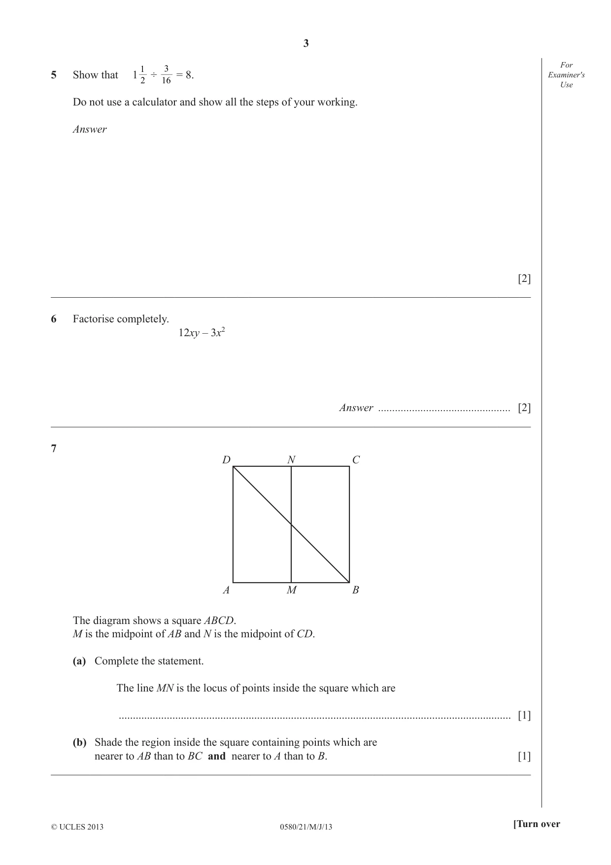 Cambridge IGCSE Mathematics 0580 2013 May/June Paper 2 · Variant 1 question paper, page 3 of 12