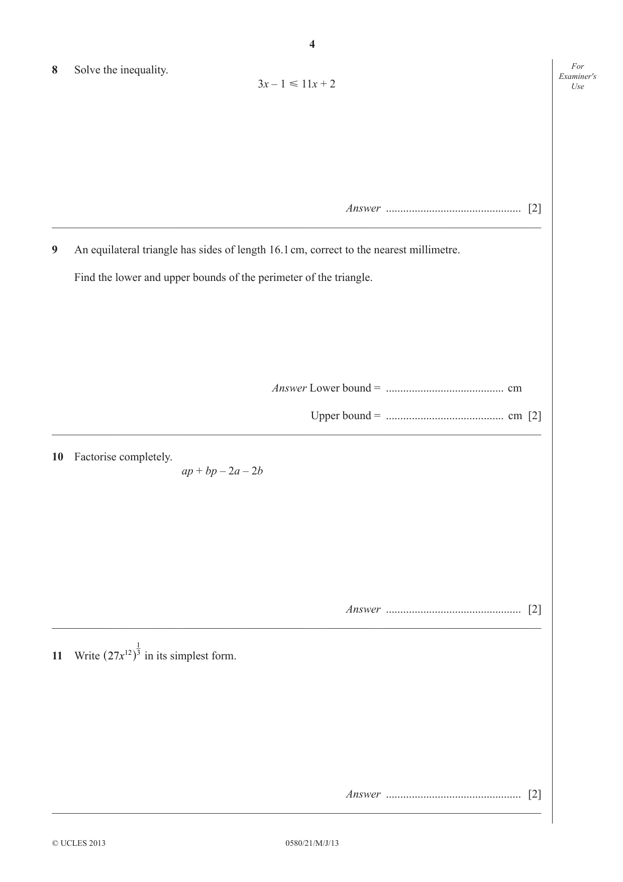 Cambridge IGCSE Mathematics 0580 2013 May/June Paper 2 · Variant 1 question paper, page 4 of 12