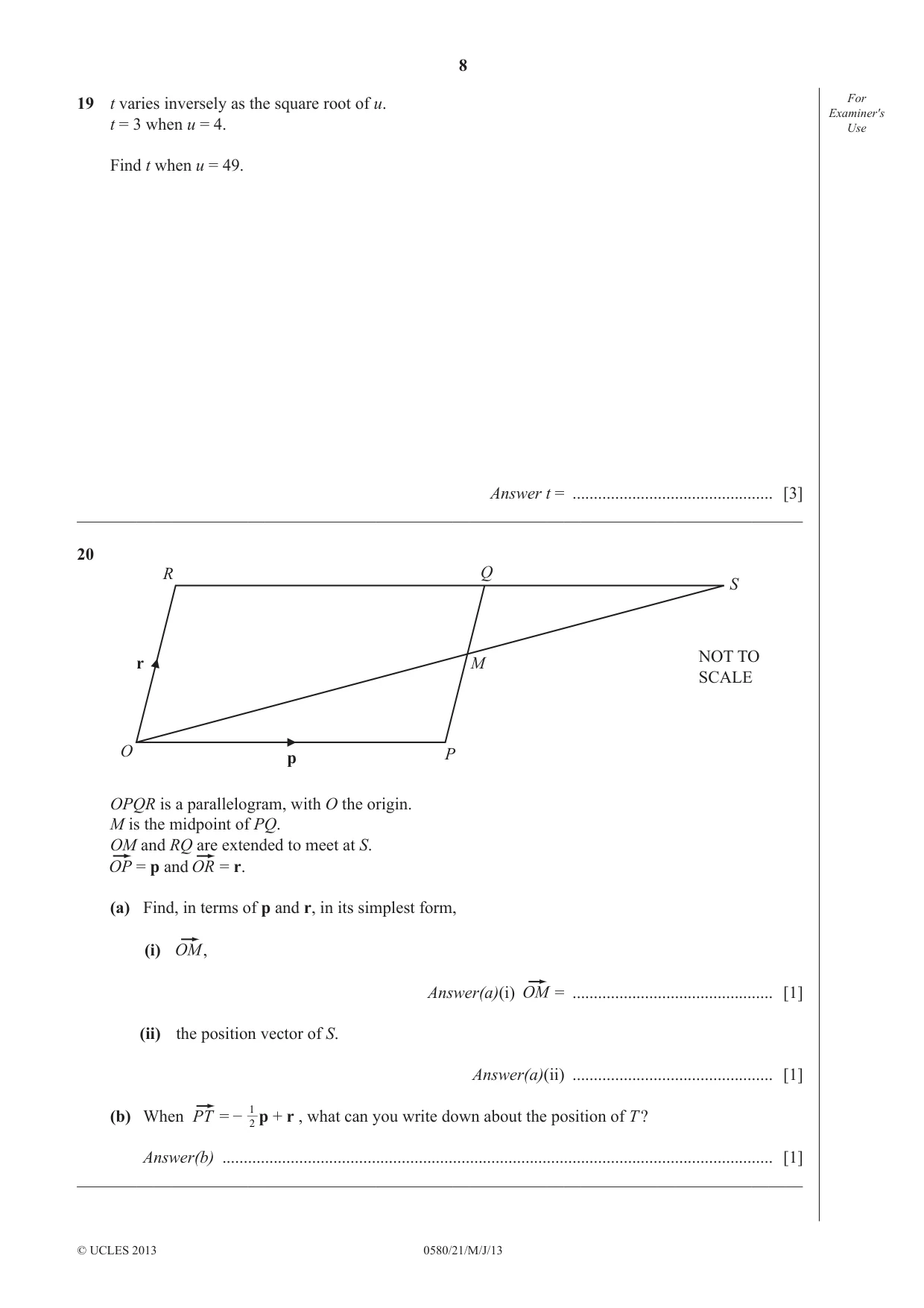 Cambridge IGCSE Mathematics 0580 2013 May/June Paper 2 · Variant 1 question paper, page 8 of 12