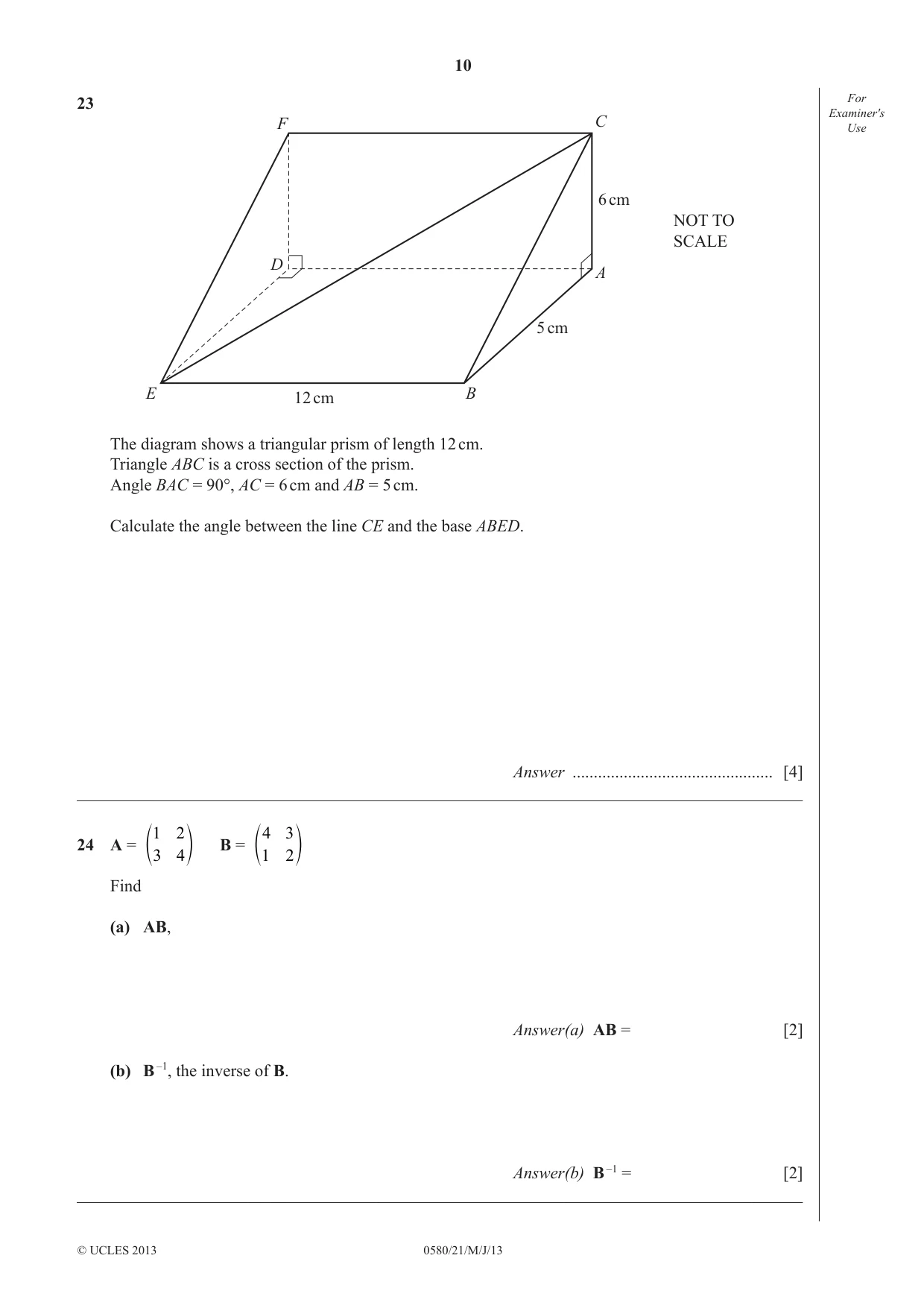 Cambridge IGCSE Mathematics 0580 2013 May/June Paper 2 · Variant 1 question paper, page 10 of 12