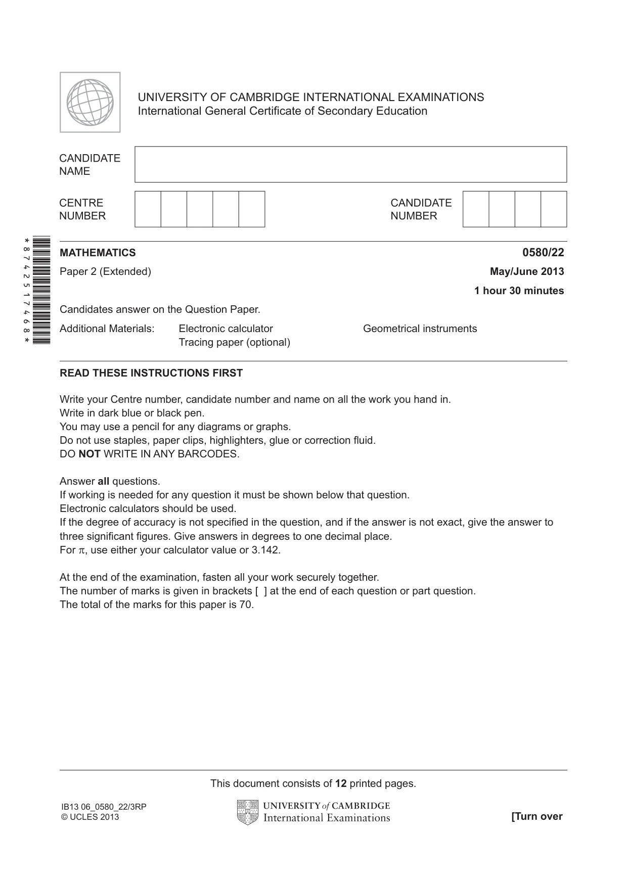 Cambridge IGCSE Mathematics 0580 2013 May/June Paper 2 · Variant 2 question paper, page 1 of 12