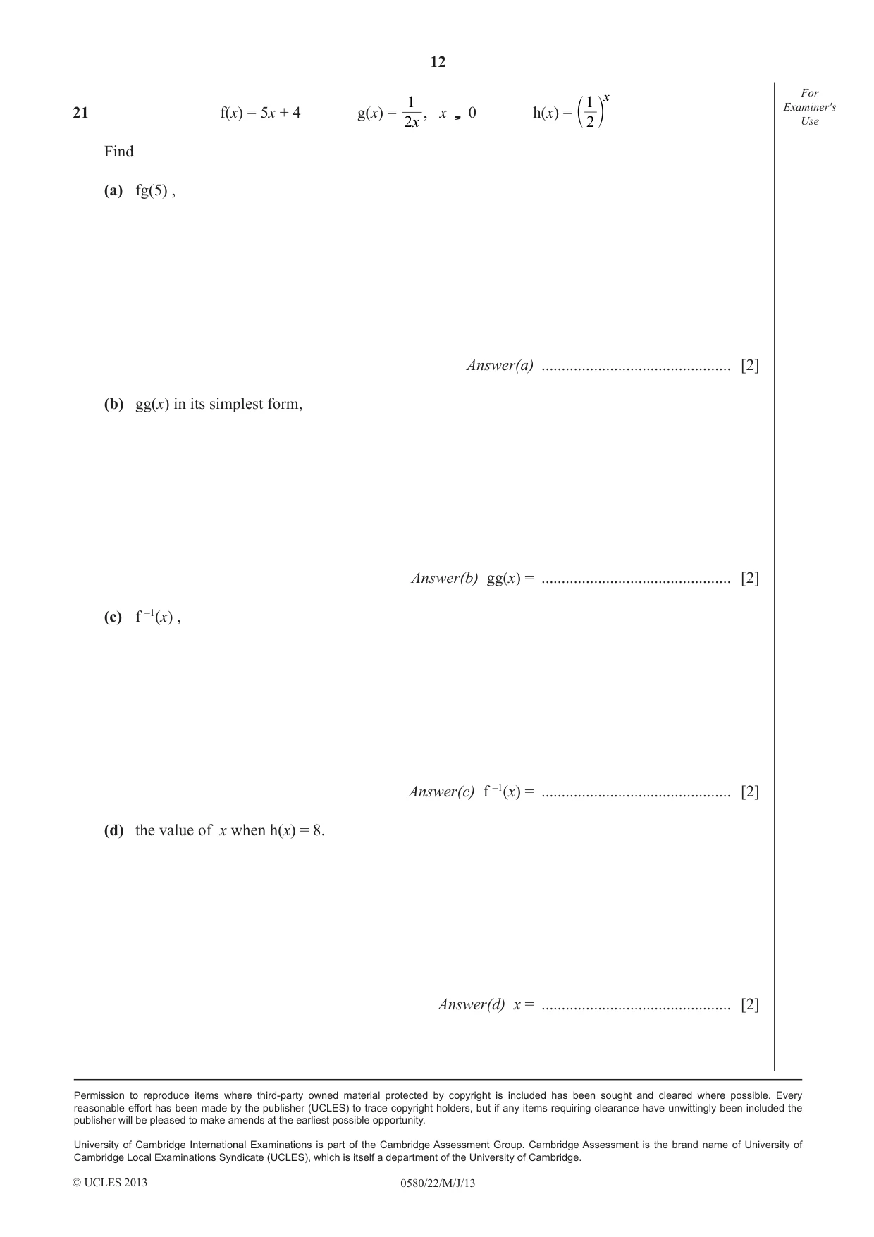 Cambridge IGCSE Mathematics 0580 2013 May/June Paper 2 · Variant 2 question paper, page 12 of 12