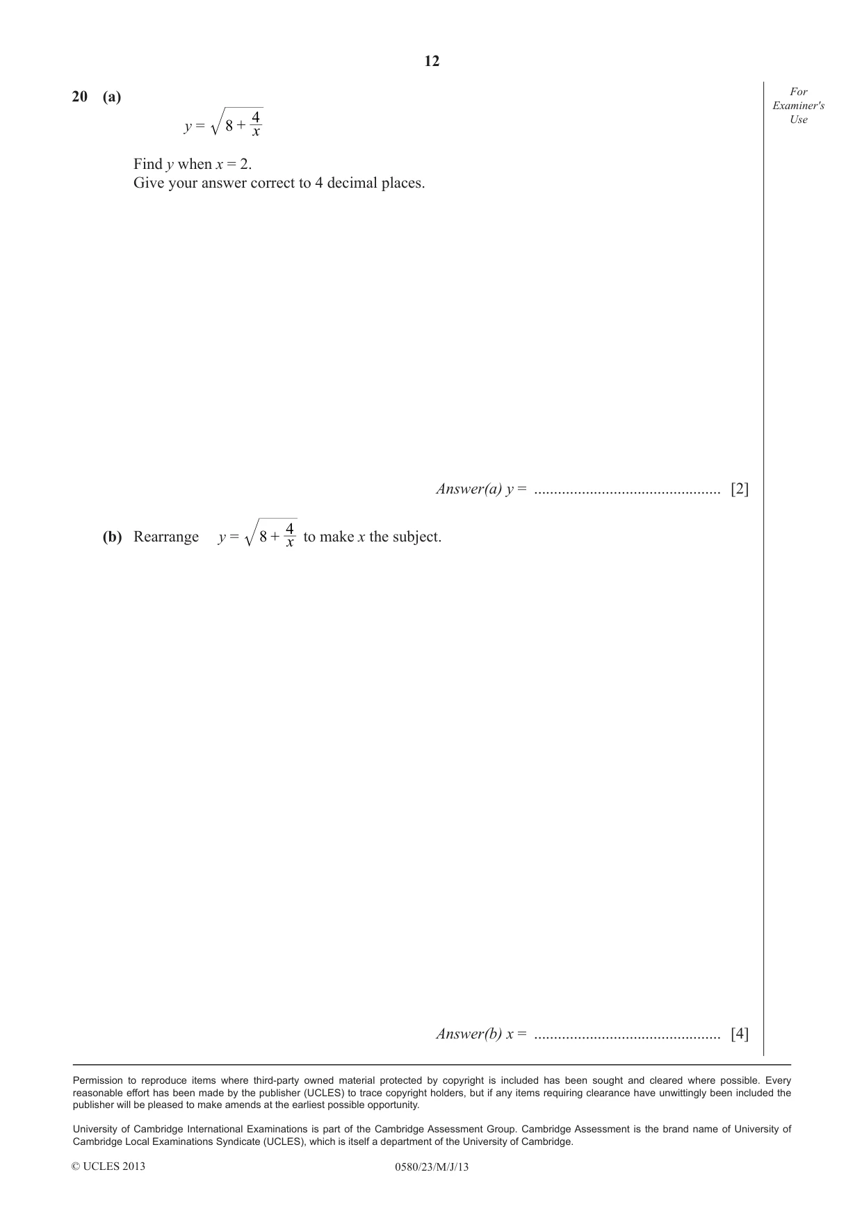 Cambridge IGCSE Mathematics 0580 2013 May/June Paper 2 · Variant 3 question paper, page 12 of 12