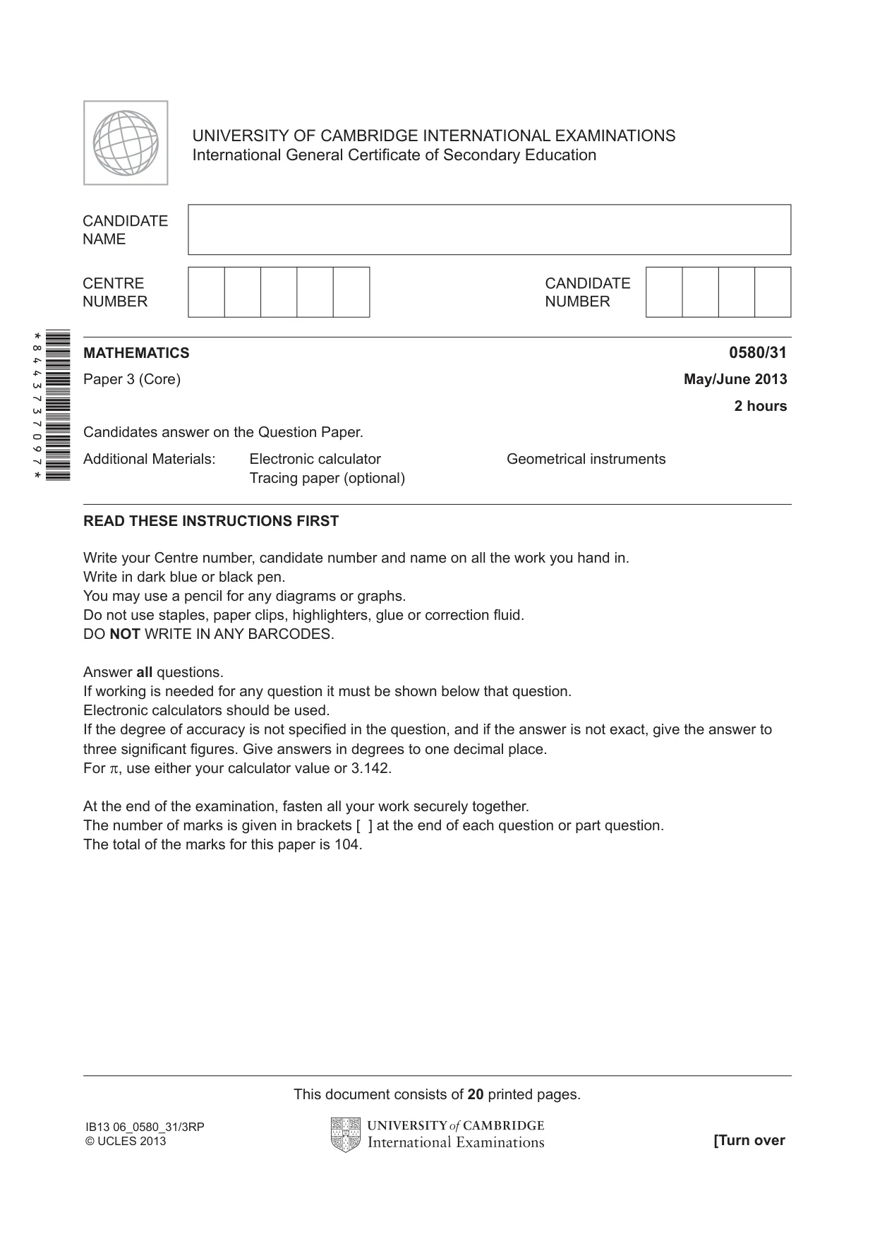 Cambridge IGCSE Mathematics 0580 2013 May/June Paper 3 · Variant 1 question paper, page 1 of 20