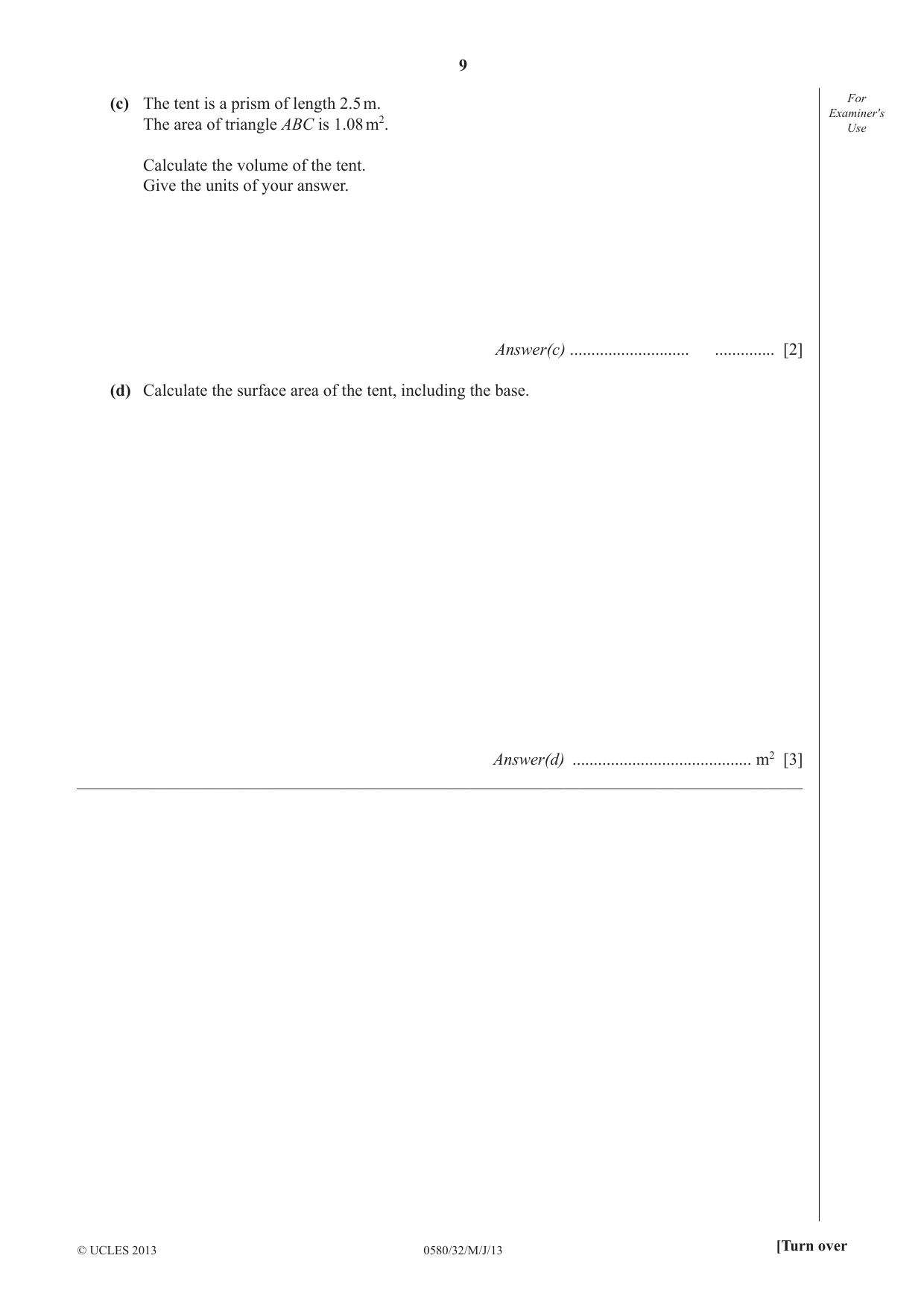 Cambridge IGCSE Mathematics 0580 2013 May/June Paper 3 · Variant 2 question paper, page 9 of 16