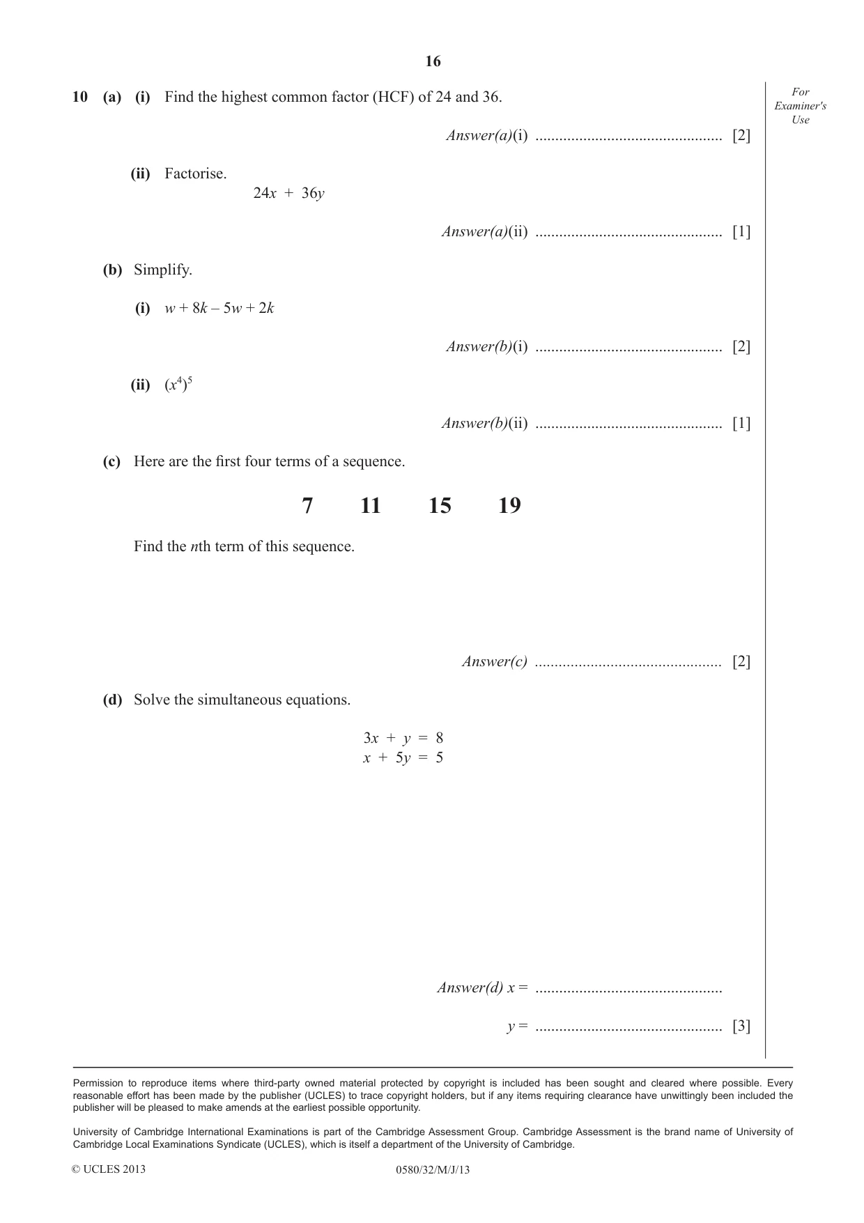 Cambridge IGCSE Mathematics 0580 2013 May/June Paper 3 · Variant 2 question paper, page 16 of 16