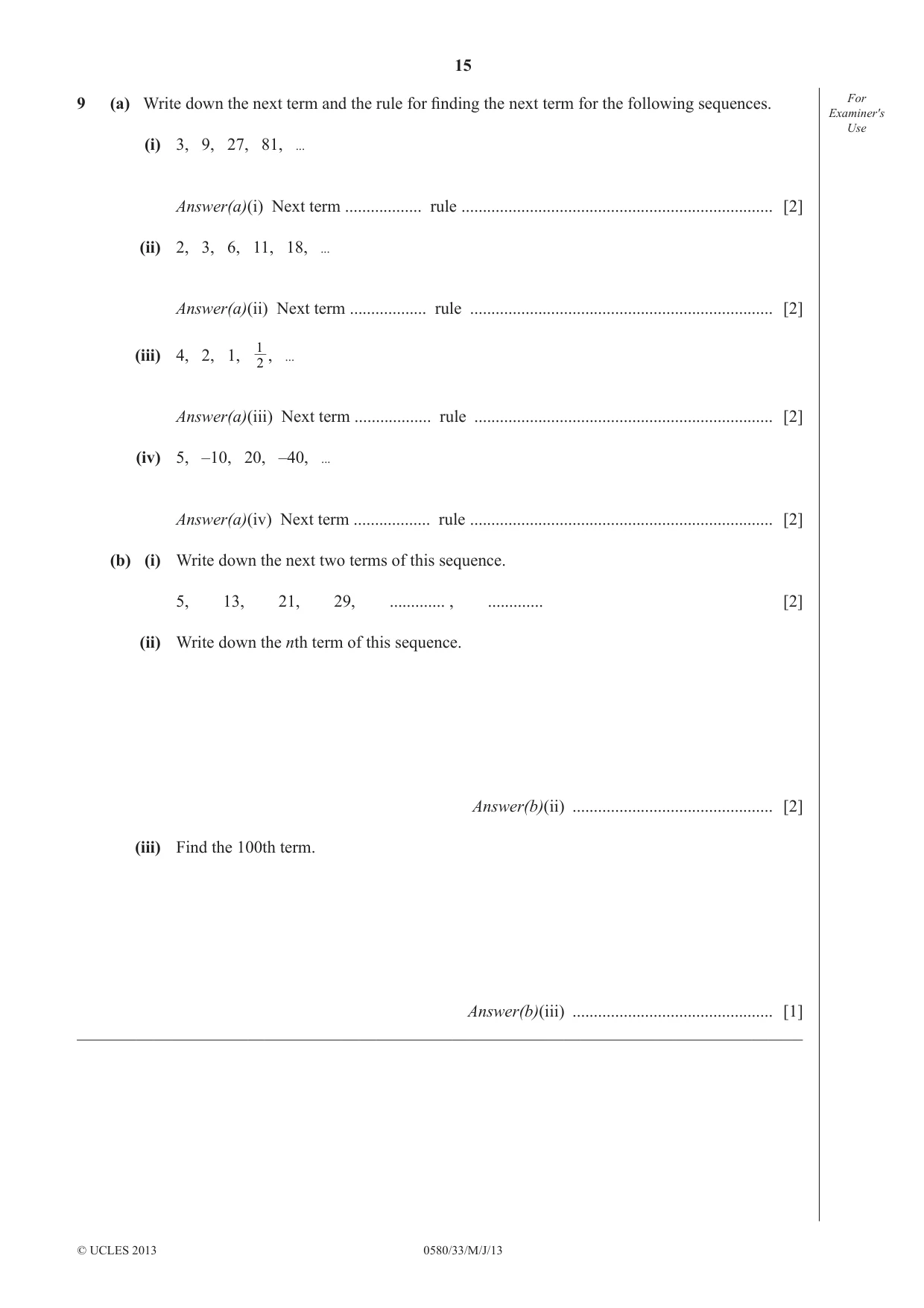 Cambridge IGCSE Mathematics 0580 2013 May/June Paper 3 · Variant 3 question paper, page 15 of 16