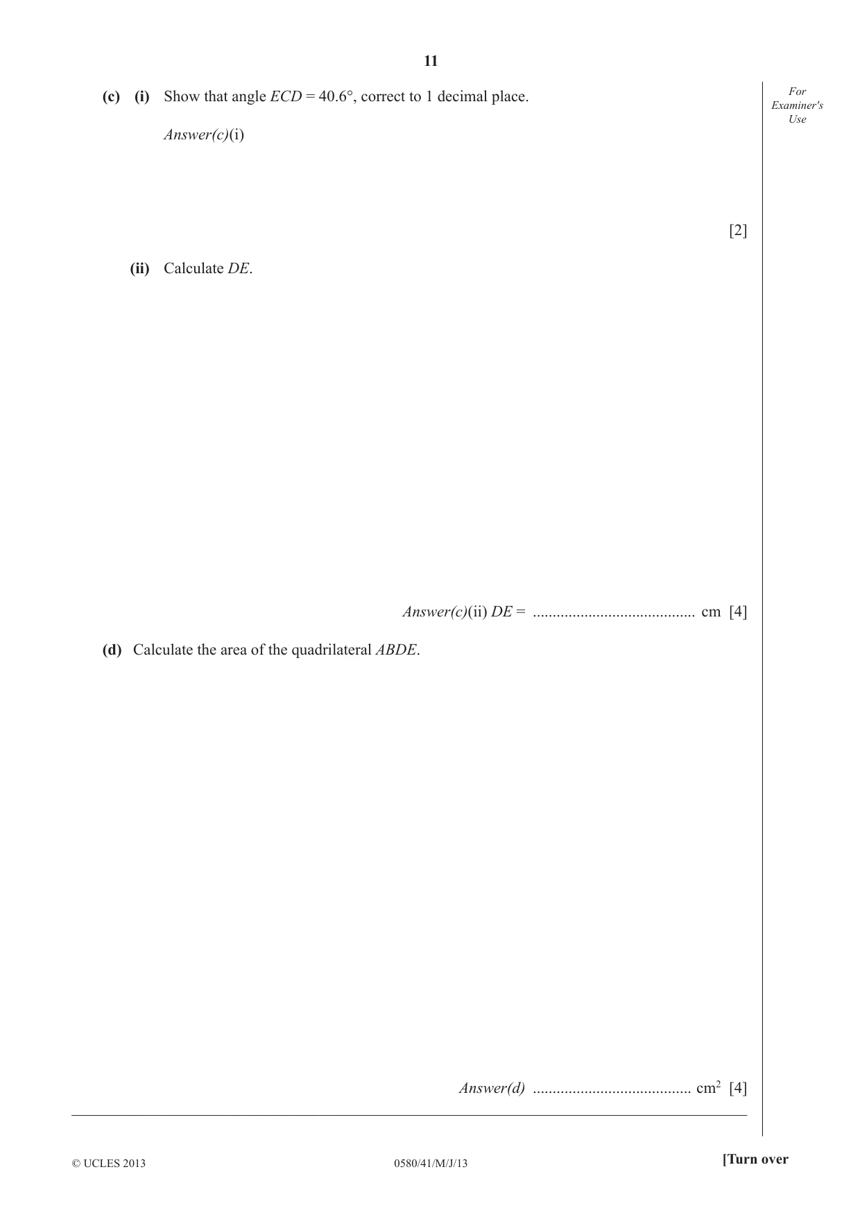 Cambridge IGCSE Mathematics 0580 2013 May/June Paper 4 · Variant 1 question paper, page 11 of 20