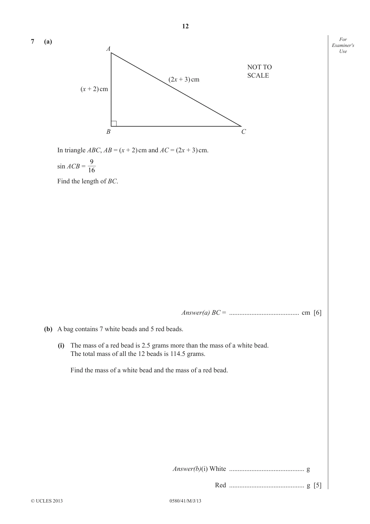 Cambridge IGCSE Mathematics 0580 2013 May/June Paper 4 · Variant 1 question paper, page 12 of 20