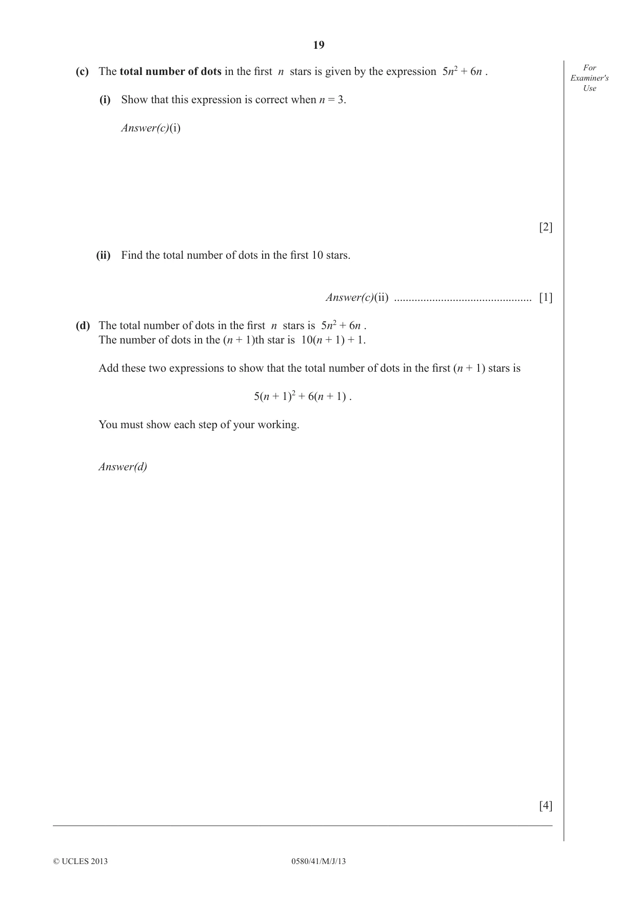 Cambridge IGCSE Mathematics 0580 2013 May/June Paper 4 · Variant 1 question paper, page 19 of 20